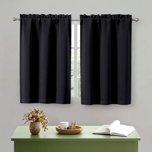 Black Kitchen Curtains 36 Inch Length, Short Blackout Small Thermal Insulated Curtains Tier over Sink Rod Pocket Half Window for Bathroom Bedroom Camper RV Bunk, 2 Panels, Each 30" Wx36 L