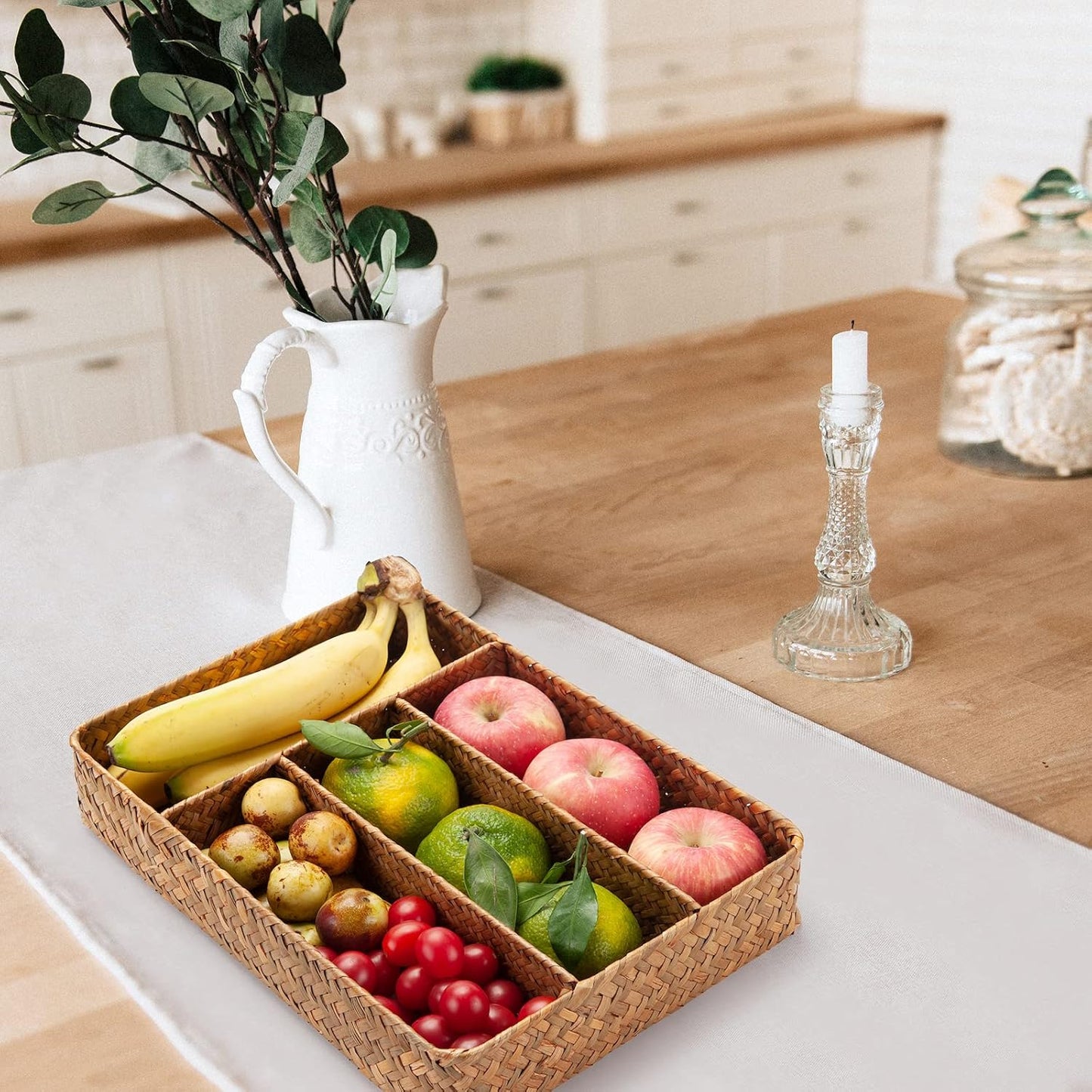 Seagrass Storage Basket with Compartments Utensil Tray for Organization Silverware Flatware Rectangular Shelf Baskets with 4 Sections Natural