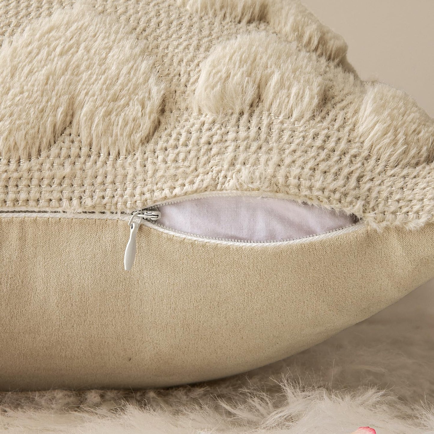 Set of 2 Beige Mothers Day Valentines Pillow Covers Heart Love Decorative Cute Throw Pillows 18X18 Inch Soft Plush Faux Wool Farmhouse for Spring Sofa Livingroom Bed