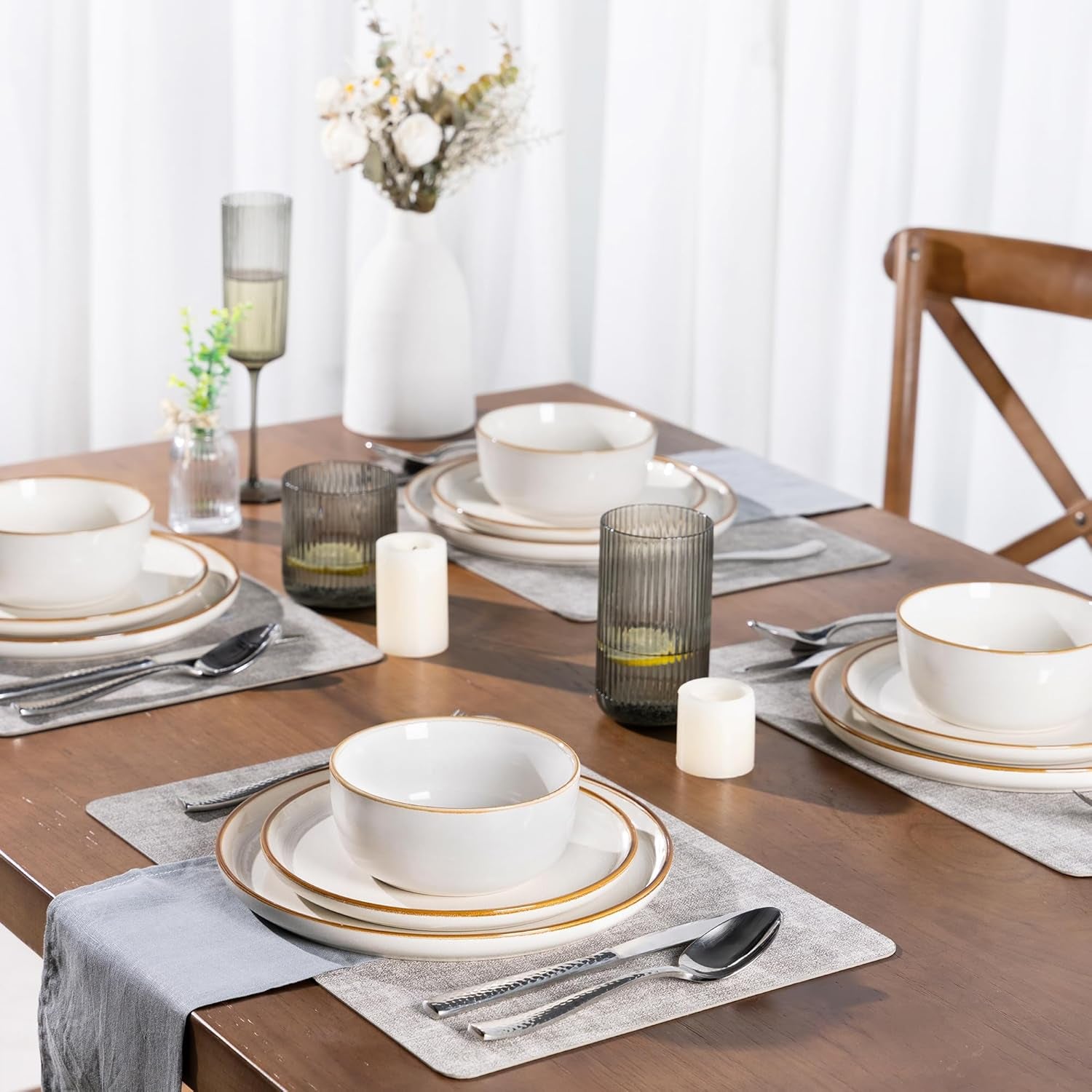 Ceramic Dinnerware Set for Four - 12-Piece Stoneware Plate and Bowl Collection, Scratch-Resistant, Dishwasher and Microwave Safe, Reactive Glaze Finish in White