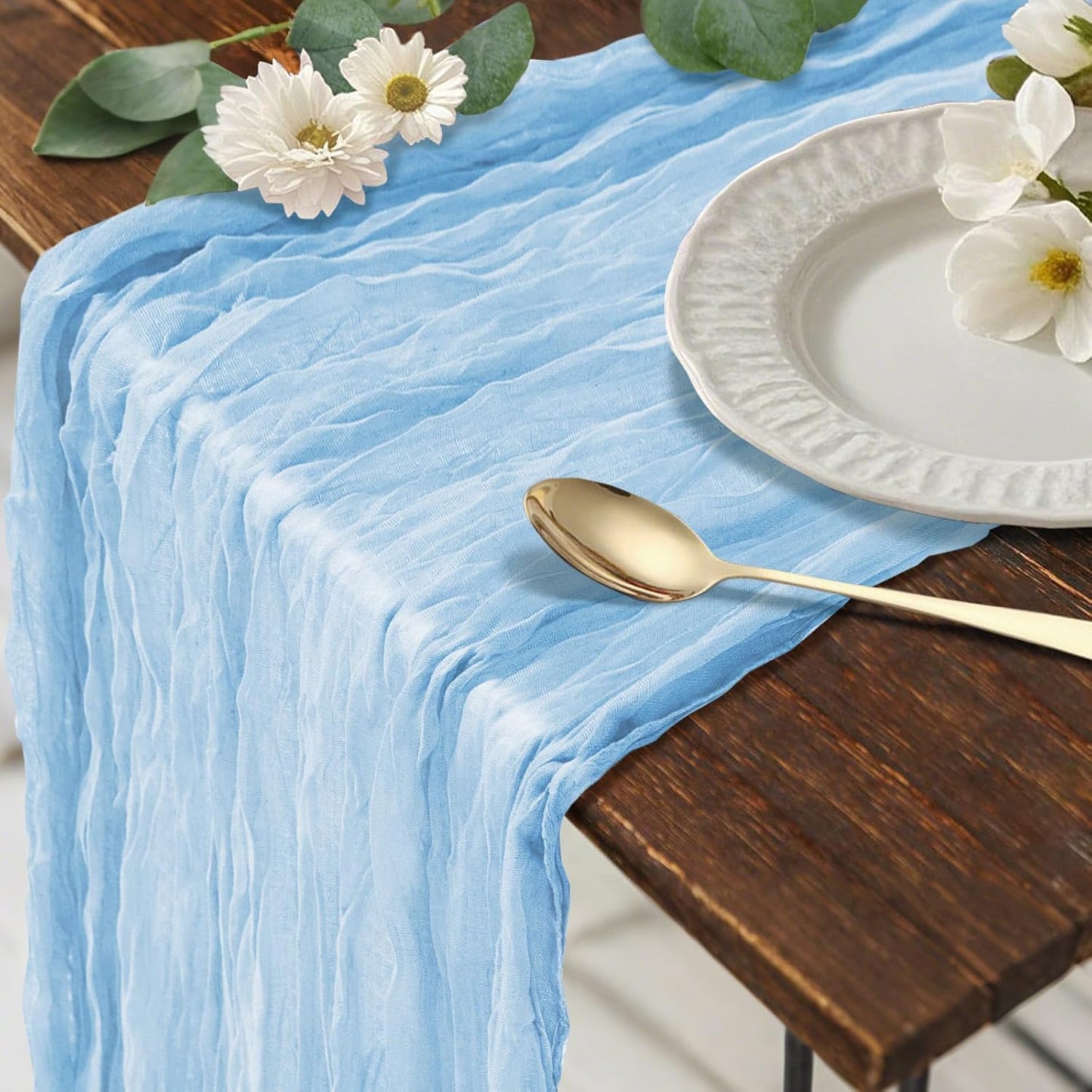Light Blue Cheesecloth Table Runner, 120 Inch 10Ft Boho Rustic Gauze Cheese Cloth Runner for Wedding Bridal Shower Baby Shower Birthday Party Easter Table Decorations