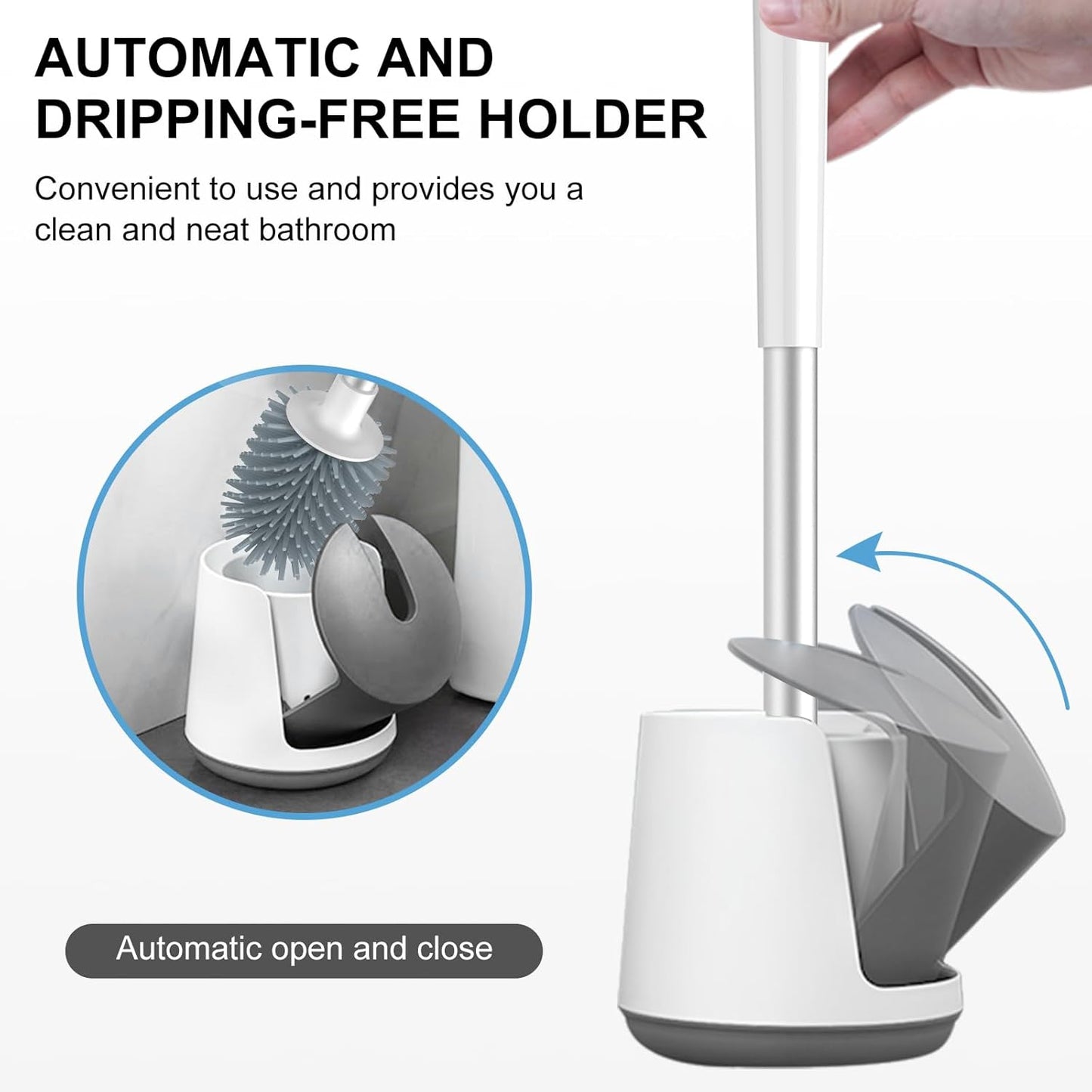 Silicone Toilet Bowl Brush and Holder Automatic Toilet Brushes for Bathroom with Holder Ventilated Toilet Cleaner Brush for Toilet Scrubber Cleaning, White & Grey