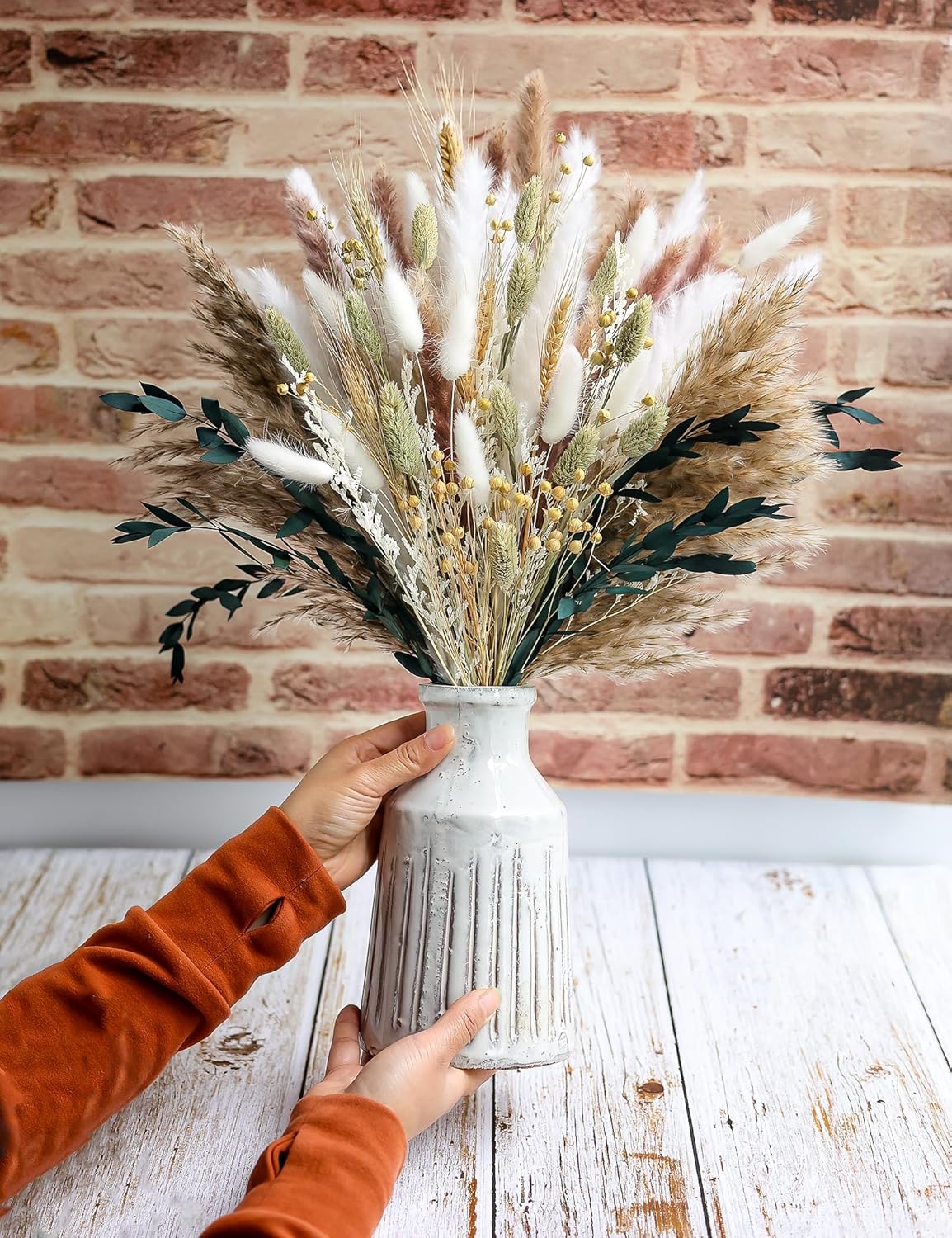 126Pcs Dried Pampas Grass Decorations, (Vase Not Included), Dried Flowers Bouquet, Reed Grass Bouquet for Boho Floral Wedding, Bedroom, Rustic Farmhouse Decor.