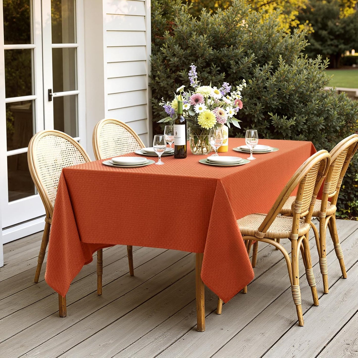 Fall Tablecloth Burnt Orange Linen Cottton Table Cloth Rectangle Waterproof Spillproof Cross-Star Textured Decorative Farmhouse Style for Dining Party Weddings 52X70 Inch