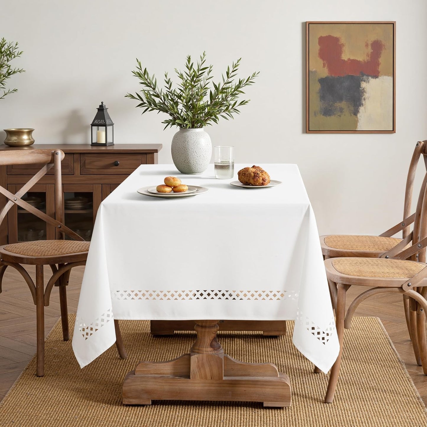 White Rectangle Linen Tablecloth with Decorative Cutouts Waterproof Stain Resistant & Shrink-Proof Table Cloth 52X70 Inch Farmhouse Style for Dining Wedding Party and Outdoor Picnics