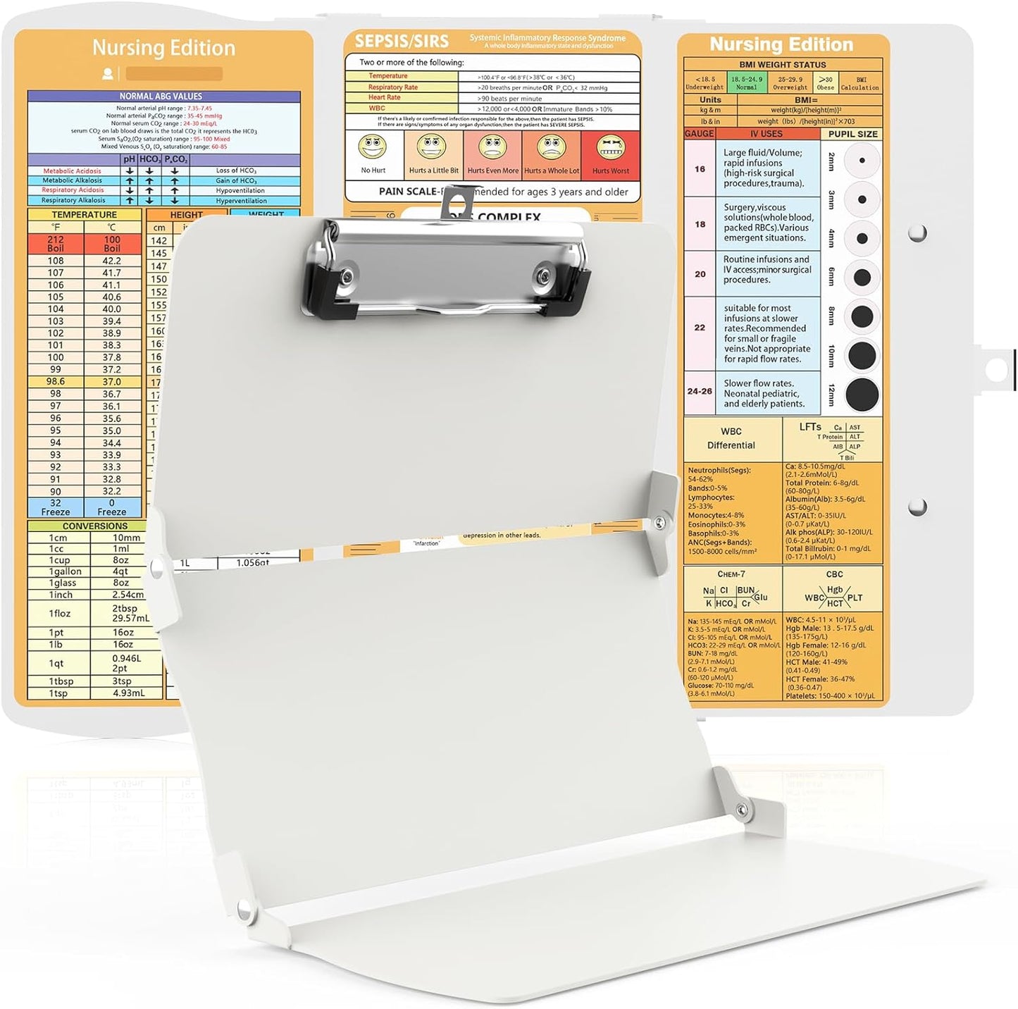 Clipboards Nursing Clipboard Trifold Foldable, 3 Layers Aluminum Nurse Clipboards with Nursing Edition Cheat Sheets Folding Pocket Size for Students, Nurses and Doctors (Light G)