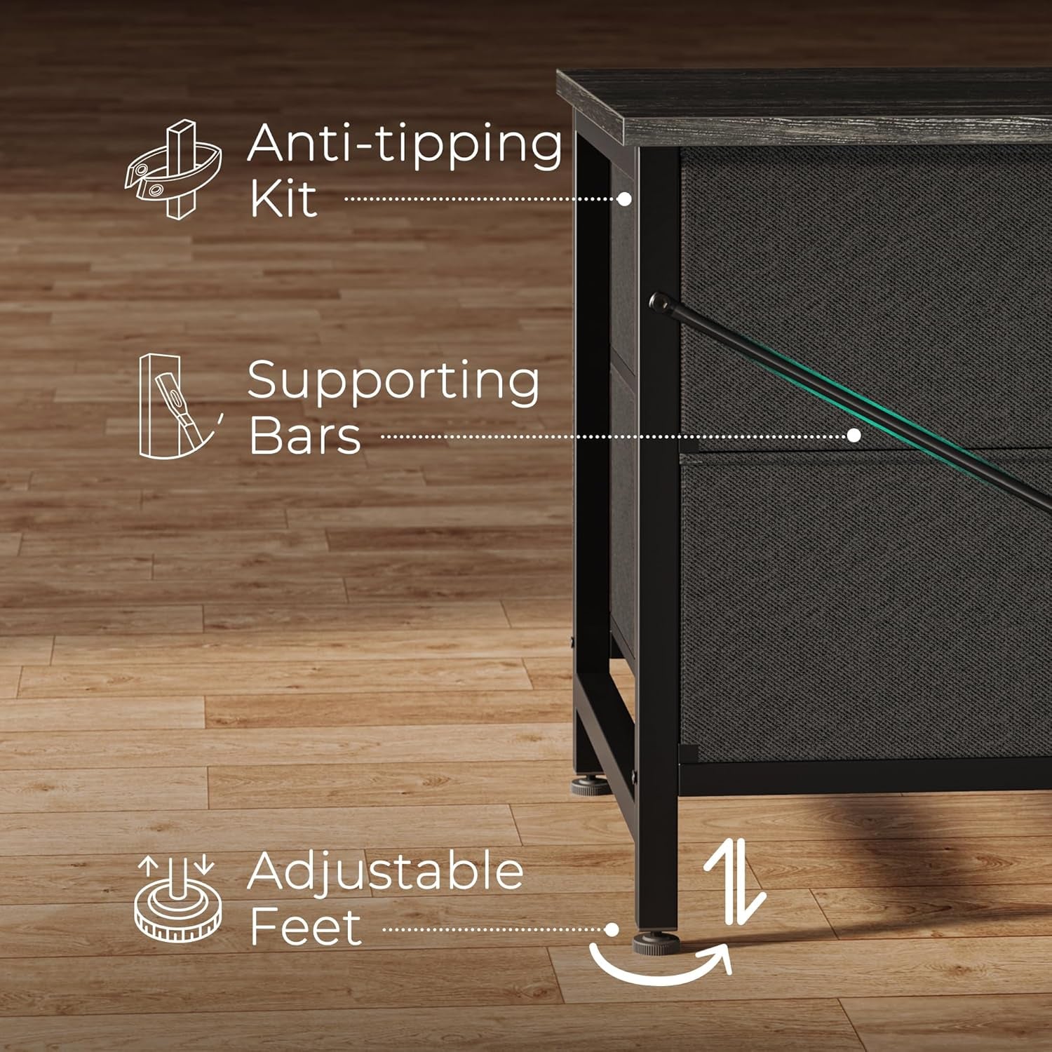 63-Inch Dresser and TV Stand for 55-70 Inch TVs, 6-Drawer Storage Organizer with Fabric Drawers, Charcoal Black Wood Grain Finish for Bedroom and Entryway