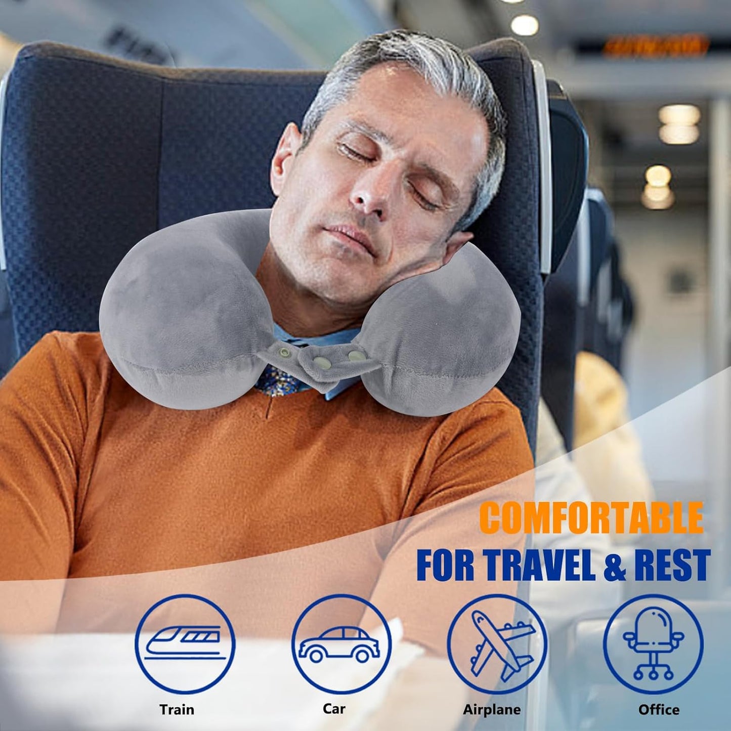 Travel Pillows for Sleeping Airplane 100% Pure Memory Foam Neck Pillow for Airplanes Washable Cover with Storage Bag (Grey)