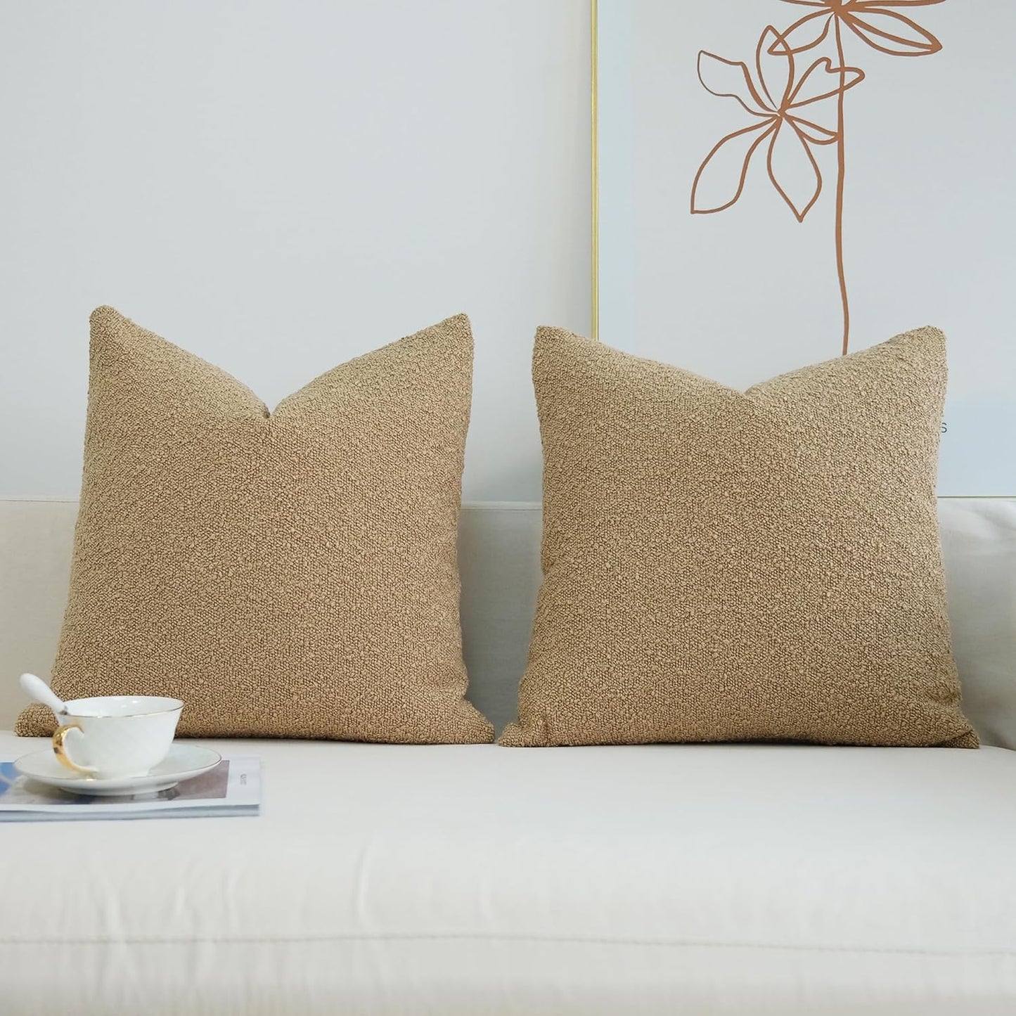 Pack of 2 Textured Boucle Throw Pillow Covers Accent Solid Pillowcovers Home Decor 20 X 20 Inch Light Brown