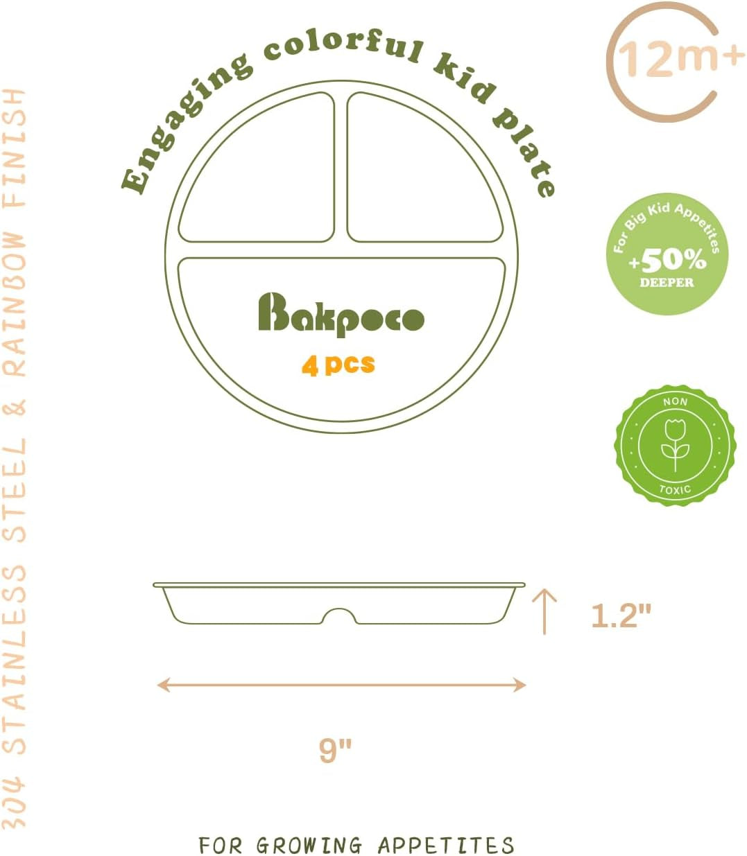 Stainless Steel Kids Plates 4 Packs, Deepened 9" Portion Control Plate Divided Plate for Toddlers Bigger Appetite, Non Toxic Unbreakable Metal Lunch Dishes, Colorful