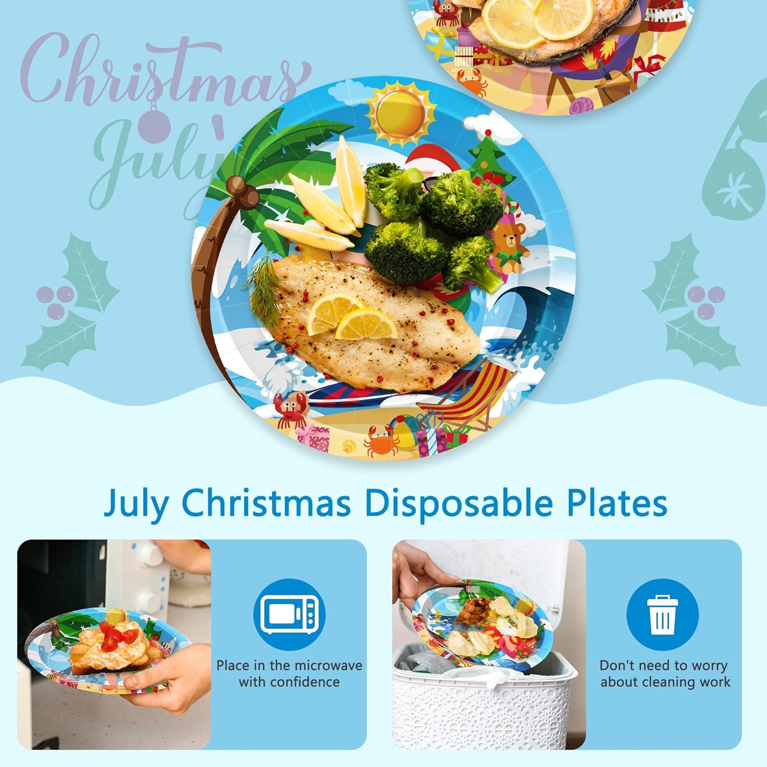 48Pcs Christmas in Summer Plates, Disposable 7 Inch and 9 Inch round Tableware Set, Xmas Tropical Holiday Decorations, Summer Christmas Paper Plates for July Christmas Beach Picnics Party