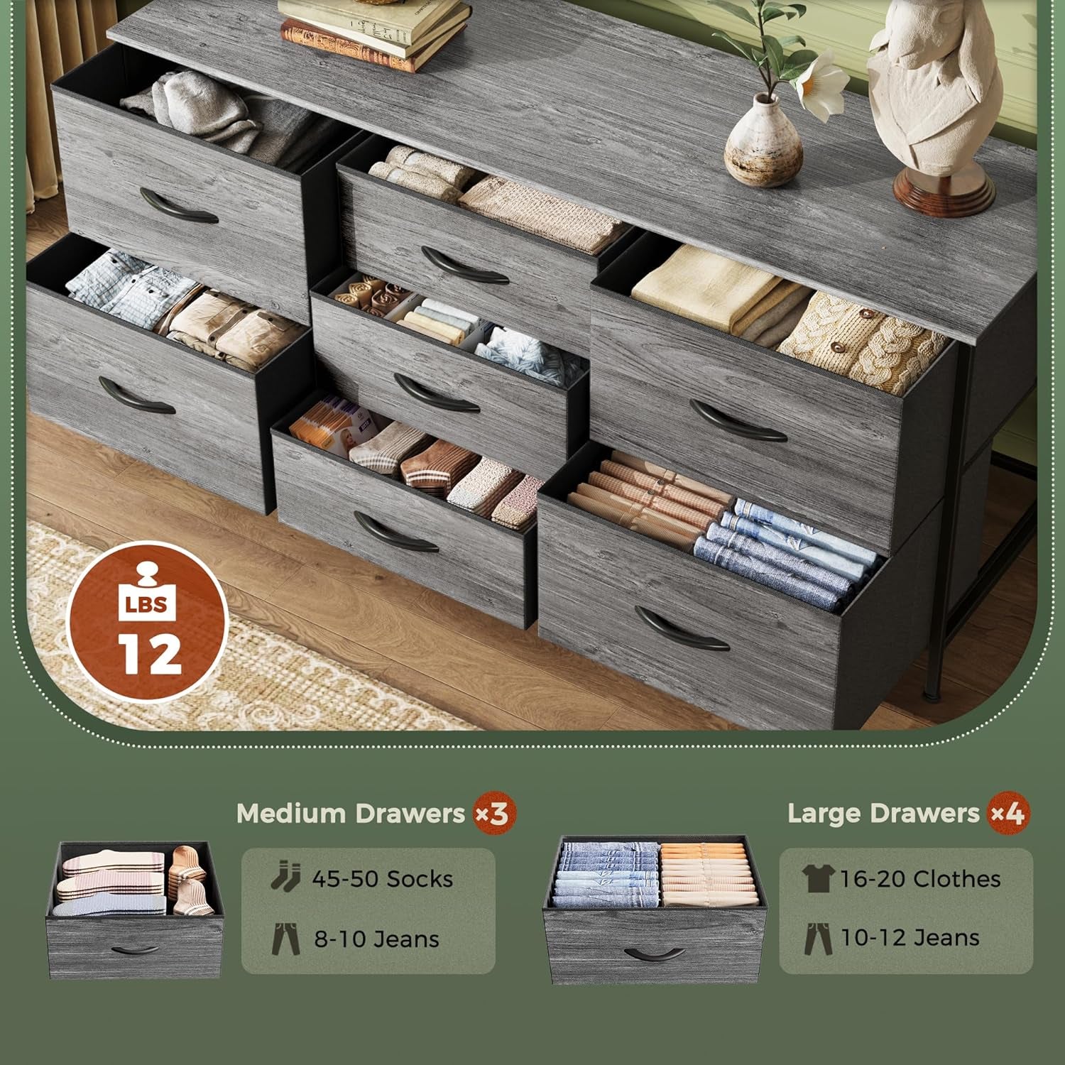 7-Drawer Fabric Dresser and 47-Inch TV Stand for 43-55 Inch TVs, Wide Chest of Drawers for Bedroom Storage, Metal Frame, Grey