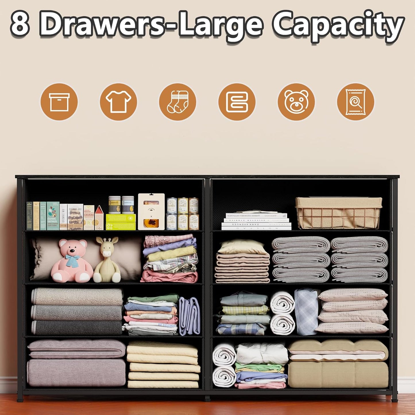 Elegant Wide Dresser with 8 Fabric Drawers and Wood Top for 55'' TV, Versatile Storage Solution for Bedroom, Living Room, Dorm, Closet, and Entryway (Black Oak)