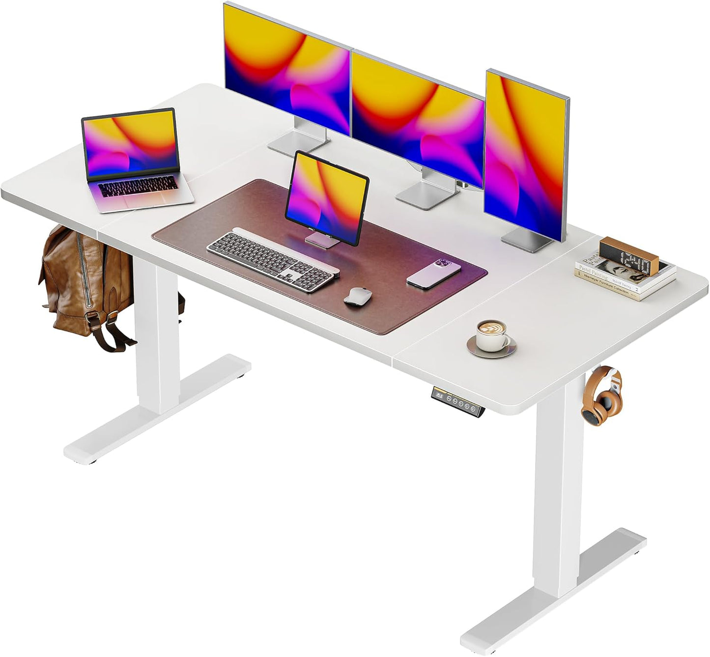 55" x 28" Large Electric Height Adjustable Standing Desk, 27.6" Deep Desktop, Ergonomic Gaming and Office Table with 2 Hooks and 3 Preset Heights, Ideal for Home Office, White