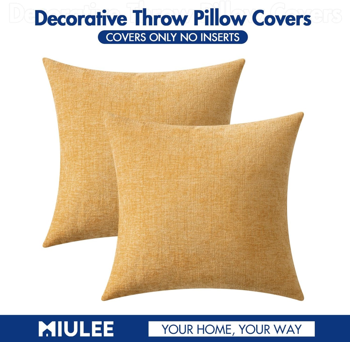 Pack of 2 Couch Throw Pillow Covers 18X18 Inch Soft Beige Yellow Chenille Pillow Covers for Sofa Living Room Solid Dyed Pillow Cases