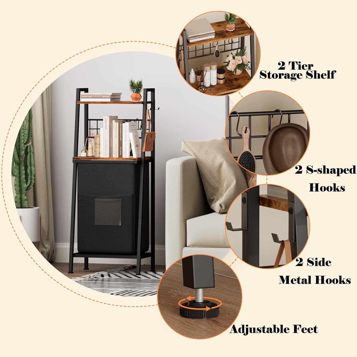 2-Tier Laundry Hamper with Wooden Shelf and Hooks, Vertical Design with Pull-Out Removable Bag, Divided Clothes Storage for Bathroom, Bedroom, and Dormitory