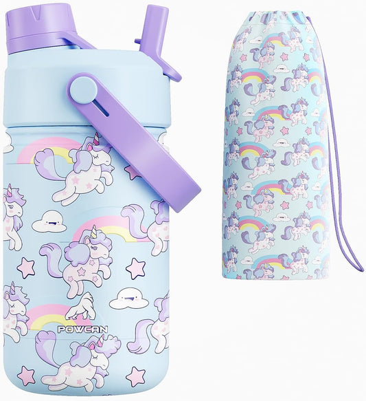 12 Oz Kids Stainless Steel Water Bottle: 2-In-1 Straw Spout Lid, Leakproof, Bpa-Free, Easy Clean, Keep Cold 24H, Insulated Cup with Carrier Bag for School, Travel, Playtime, Gift (Dreamy Unicorn)