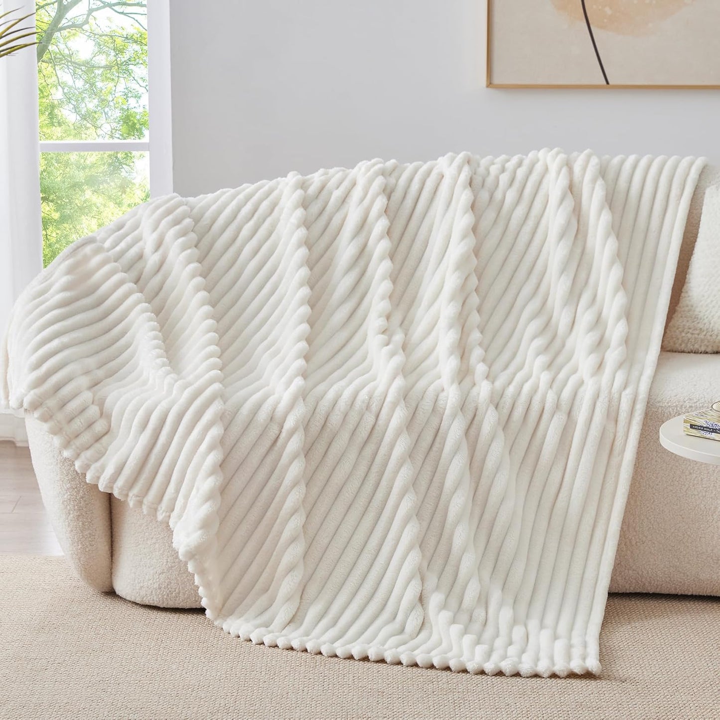 Fleece Throw Blanket for Couch - 300GSM Soft & Warm Fluffy Cream White Blanket, Decorative and Giftable Striped Blankets for Women, Men, 50"X60"
