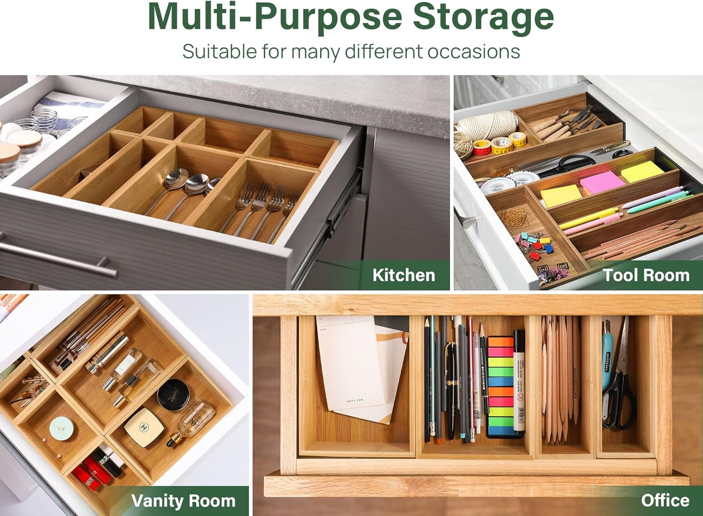 8 Pcs Bamboo Drawer Organizer Utensil Tray Kitchen Storage Box 4-Size Versatile Dividers Cutlery Holders Bins Containers for Flatware Kitchen Utensils