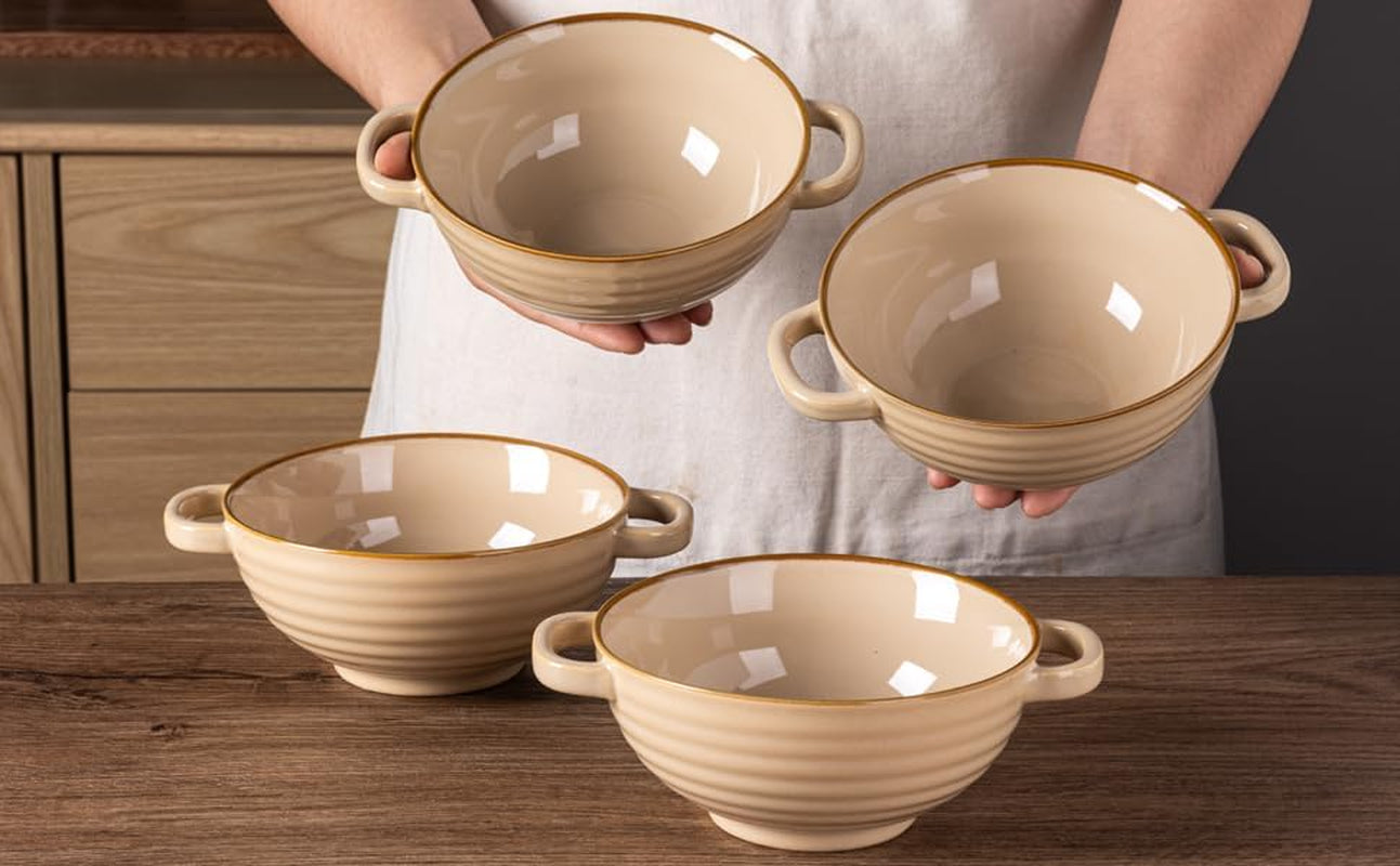 Ceramic Soup Bowls with Double Handles, 24 oz Set of 4 - Ideal for Soup, Cereal, Stew, Salad, Noodles, Ramen - Microwave and Dishwasher Safe