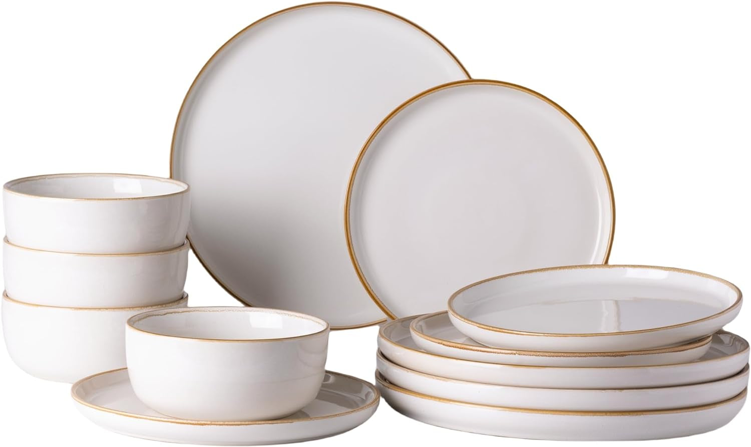 Ceramic Dinnerware Set for Four - 12-Piece Stoneware Plate and Bowl Collection, Scratch-Resistant, Dishwasher and Microwave Safe, Reactive Glaze Finish in White