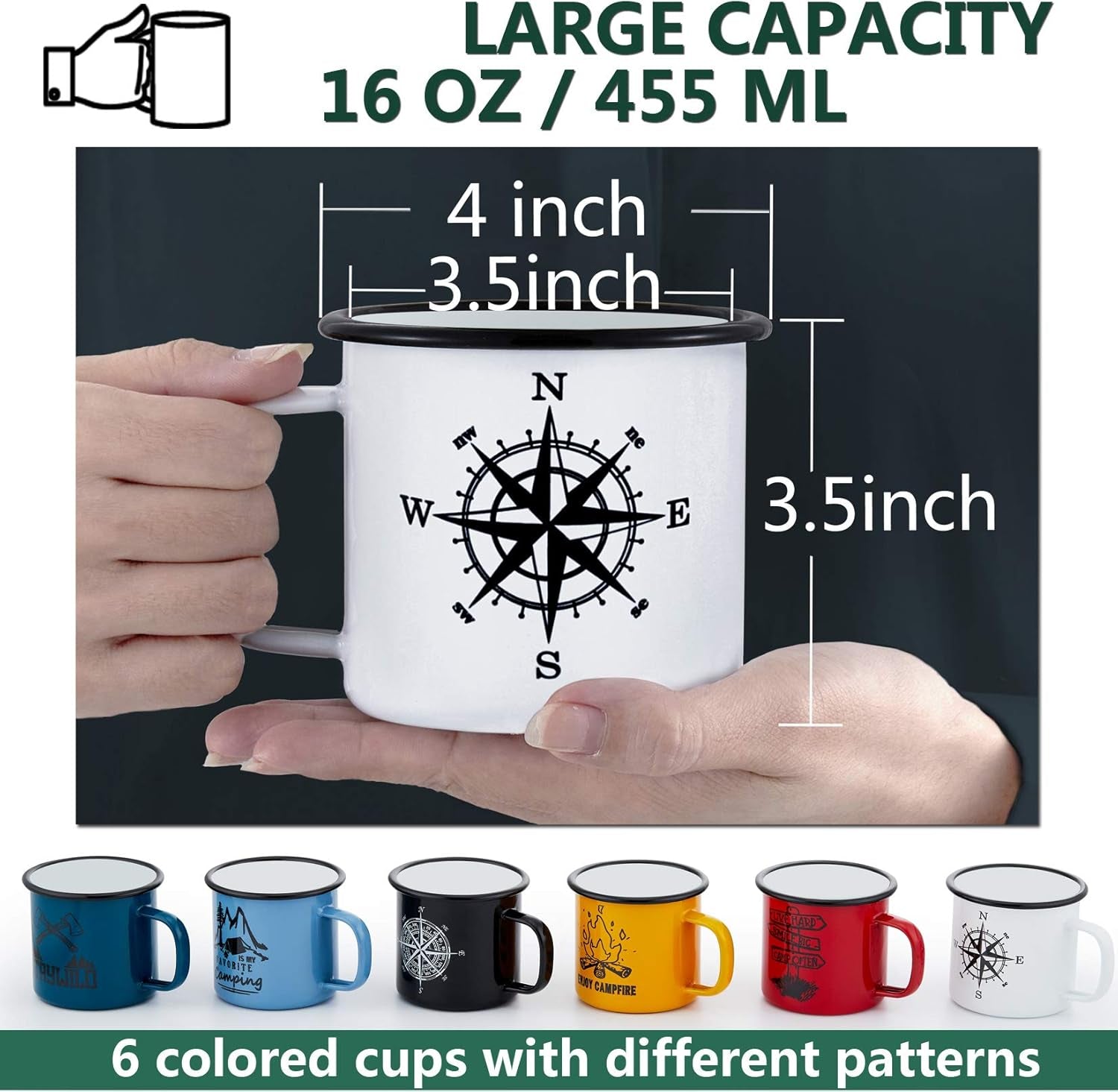 16 Oz Enamel Mug Coffee Cup Set of 6, Camping Enamel Mug with Patterns & Handle for Tea Soup Milk, Corlorful Gift for Camp Home Office, Lightweight & Durable