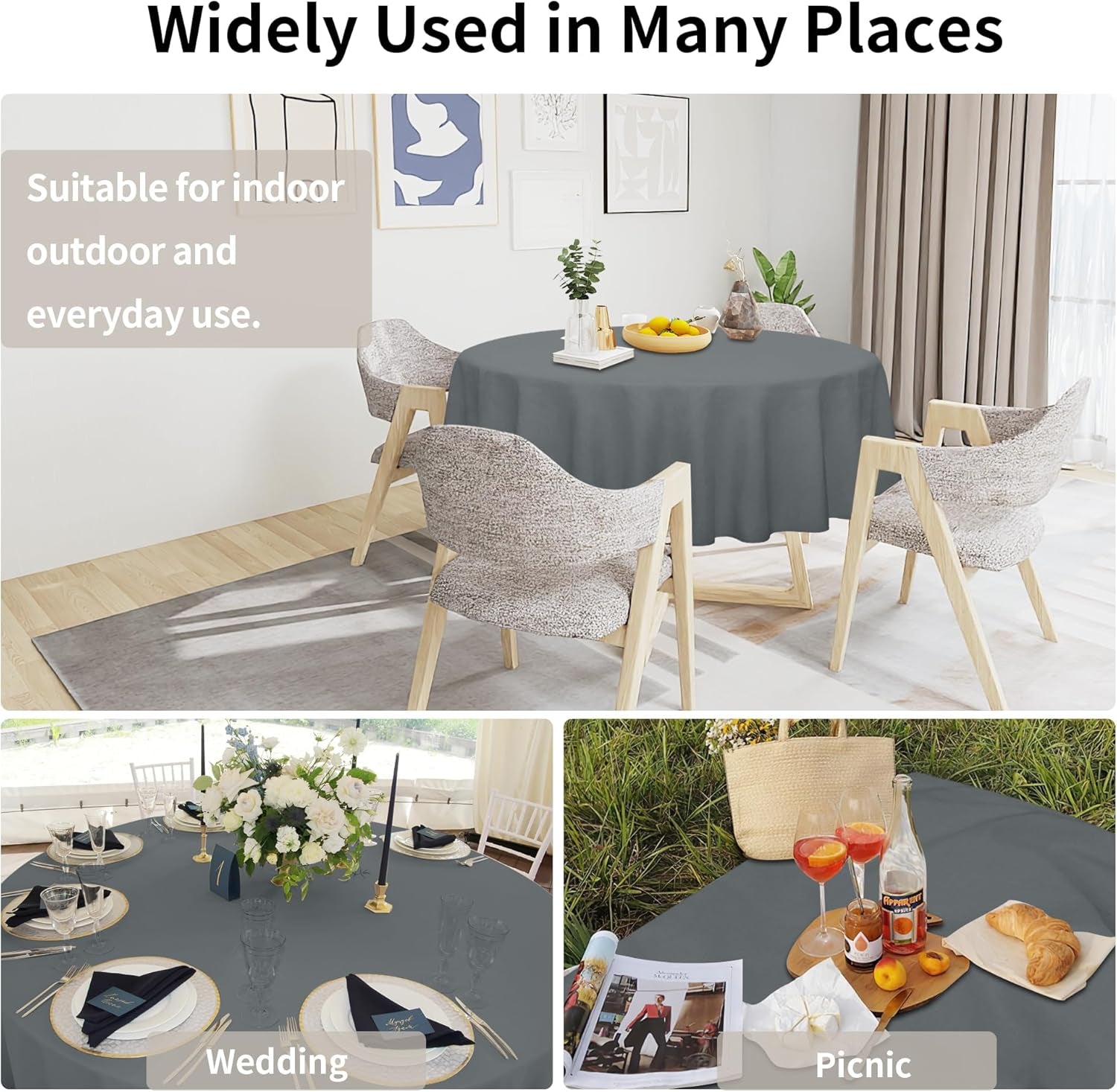 Faux Linen Waterproof Spill-Proof Tablecloth Stain Resistant round Table Cloth Wrinkle Free Decorative Fabric for Kitchen, Dining, Party, Weddings, Restaurants (70 In-Round, Dark Grey)