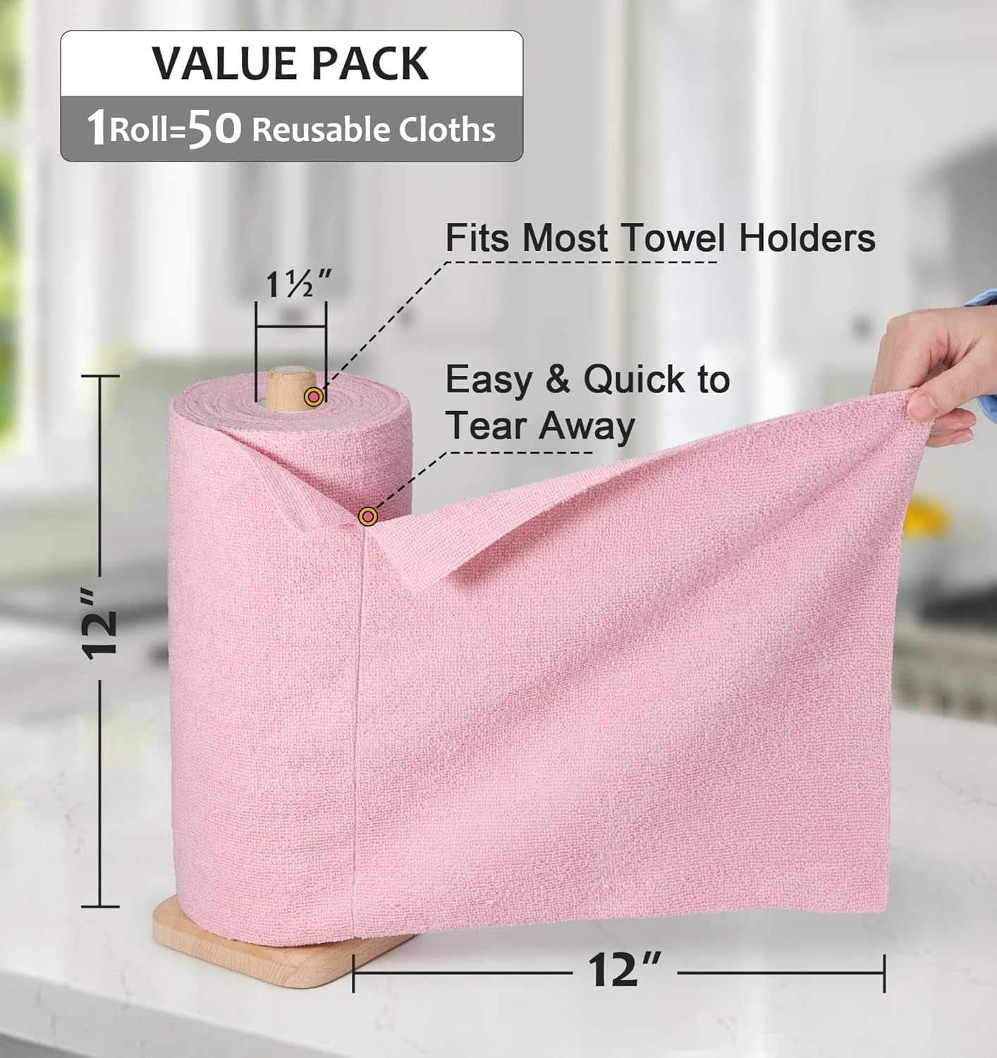 Microfiber Cleaning Cloth, Reusable Paper Towels Rolls, Dish Rags for Washing Dishes, Kitchen, Bathroom, Car, 12X12 Inch, 50 Packs/Roll, Pink