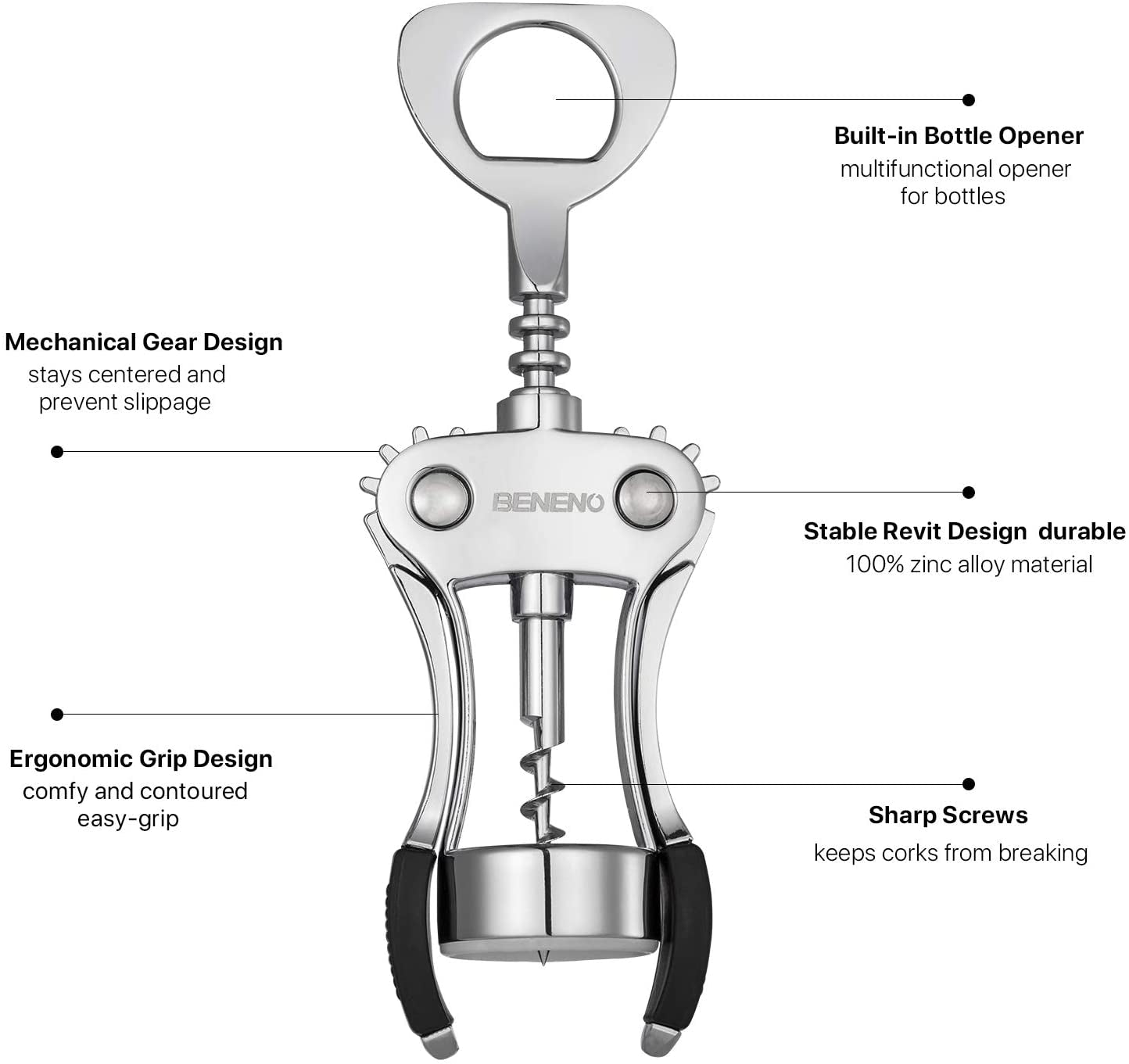 Wine Opener, Zinc Alloy Premium Wing Corkscrew with Multifunctional Bottles Opener, Sharp Wine Corkscrew with Ergonomic Non-Slip Wing Handle, Upgrade