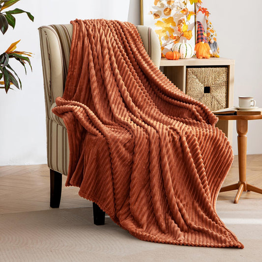 Fall Rust 3D Ribbed Jacquard Fleece Throw Blanket - Plush Velvet Decorative Bed Blanket (50" x 60") - Super Soft, Lightweight, and Cozy for Home Decor