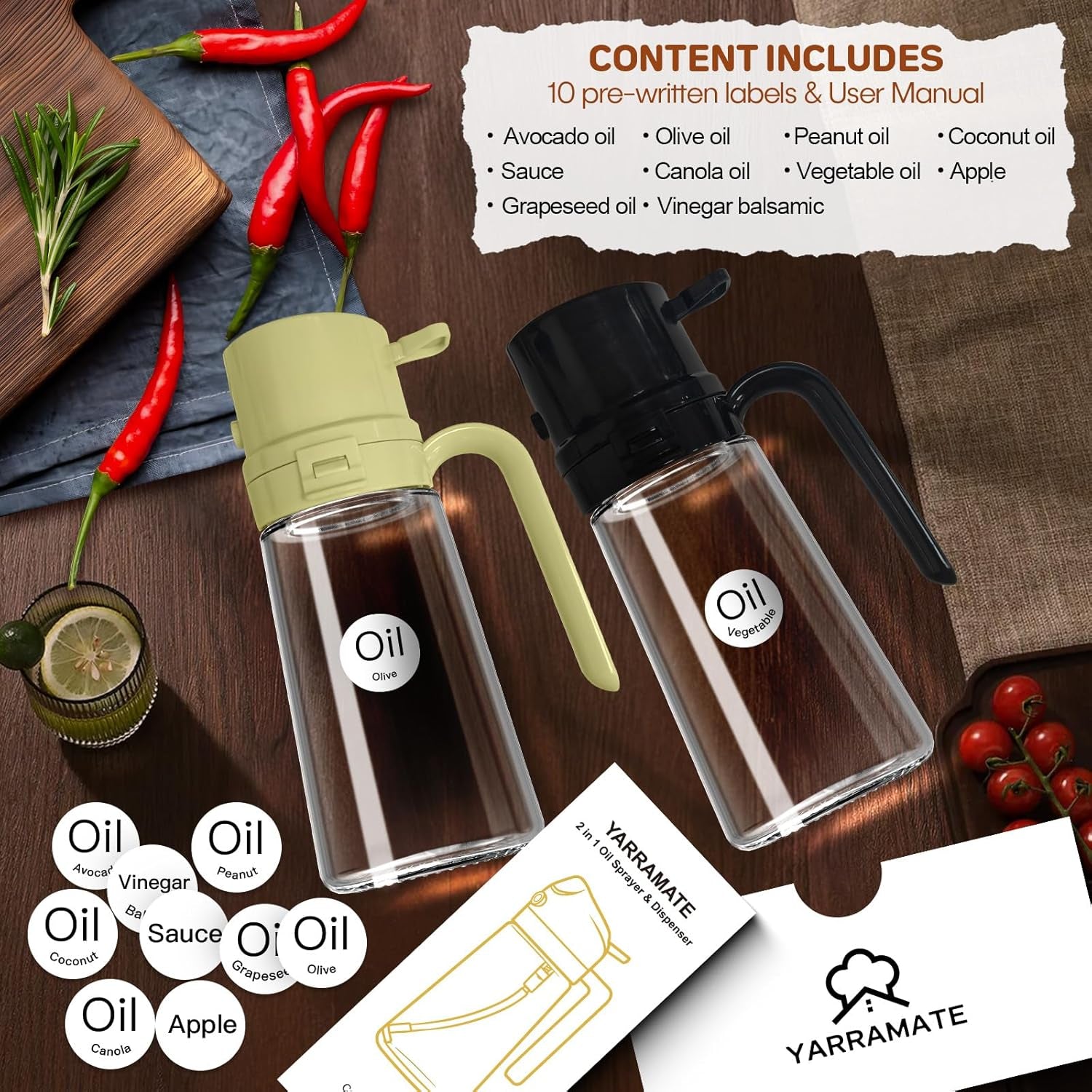 16Oz/470Ml Easy Refillable Oil Sprayer for Cooking, 2 in 1 Oil Dispenser for Kitchen and Oil Sprayer Bottle, Food-Grade Glass Oil Mister with Simple Open Design, Air Fryer,Bbq (Black)