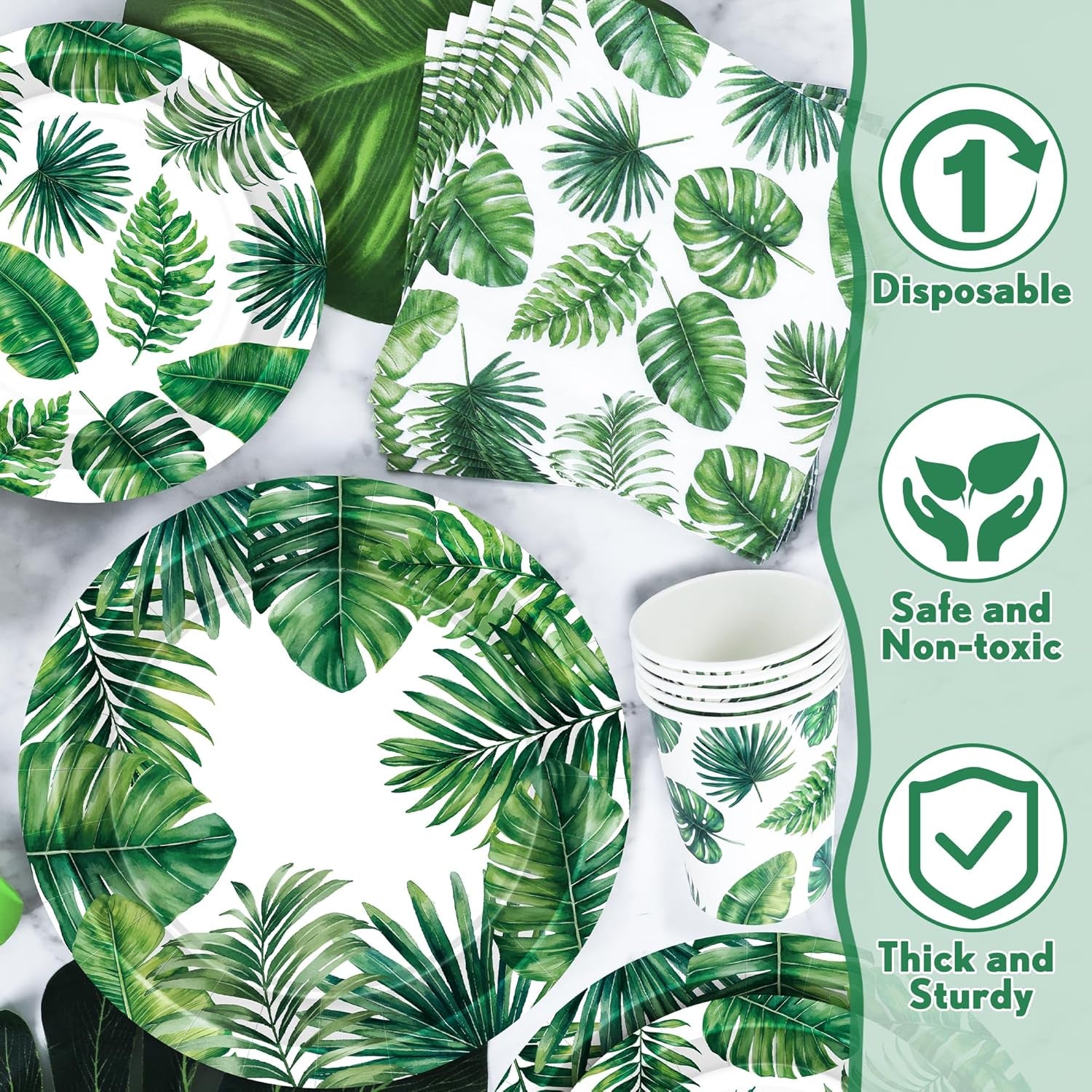 24 Sets Hawaiian Luau Party Decorations, Tropical Palm Leaf Disposable Tableware Set, 7 and 9 in round Paper Plates for Summer Themed Events Aloha Birthday Party Supplies, Serves 24