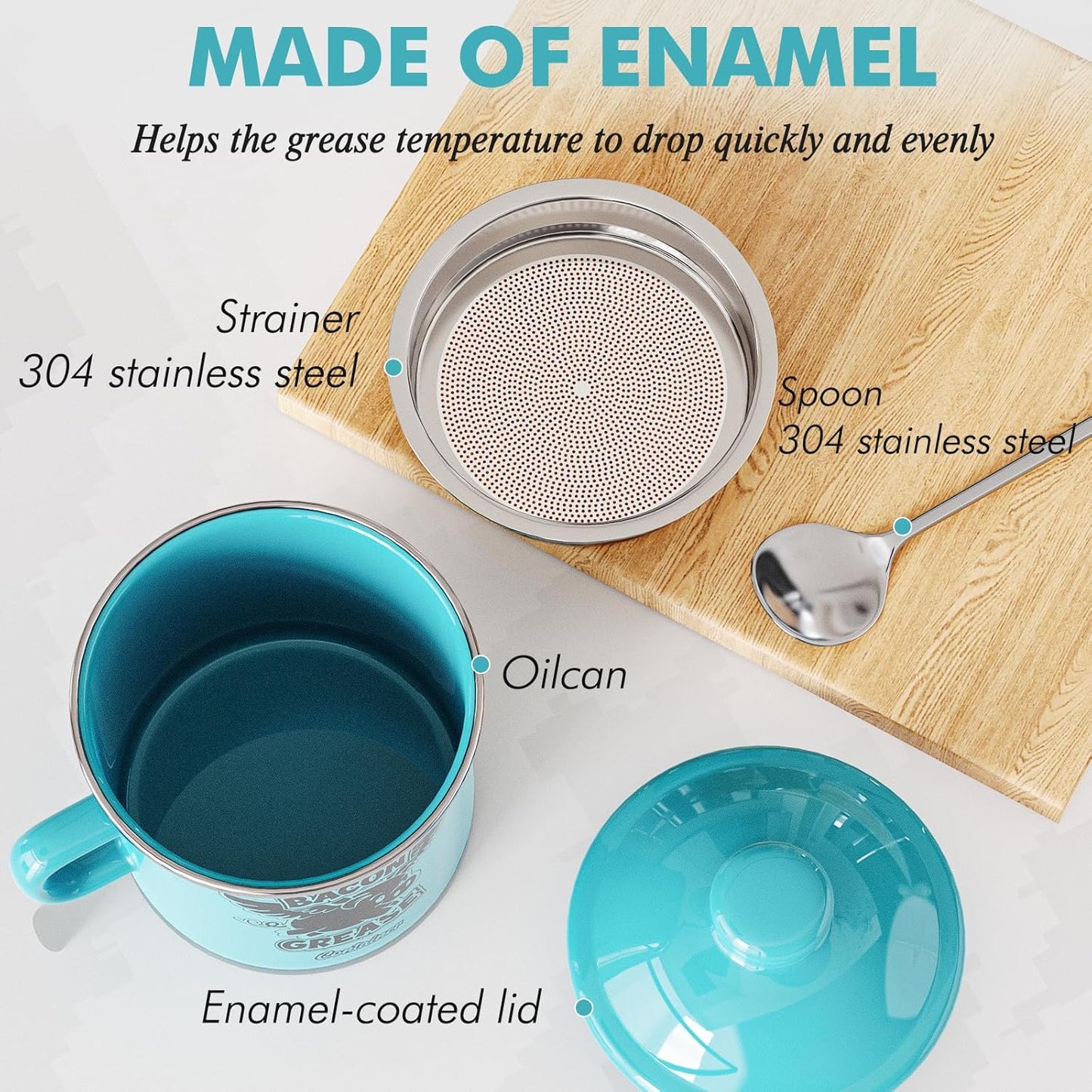 Mini Bacon Grease Container with Strainer - 15OZ Farmhouse Enamel Grease Saver, Fat Storage for Kitchen, Dishwasher Safe-Light Blue