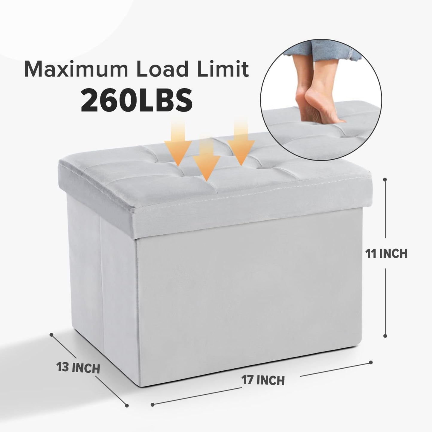 Modern Velvet Storage Ottoman and Foot Stool with Padded Design - 17"x13"x11" (Gray)