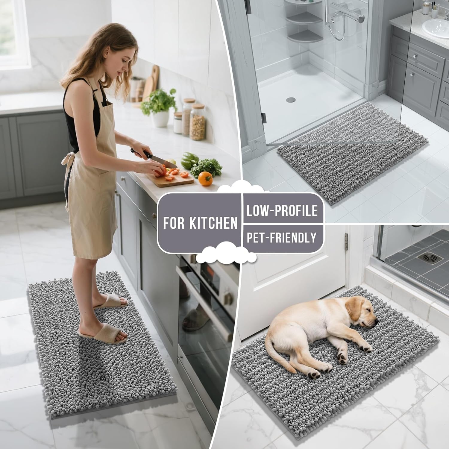 Bathroom Rugs Non Slip Washable 24X17 Inch - Ultra Soft Absorbent Chenille Bath Mat, Quick Dry Shaggy Floor Carpet for Tub Shower, Gray Home Decor Accessories