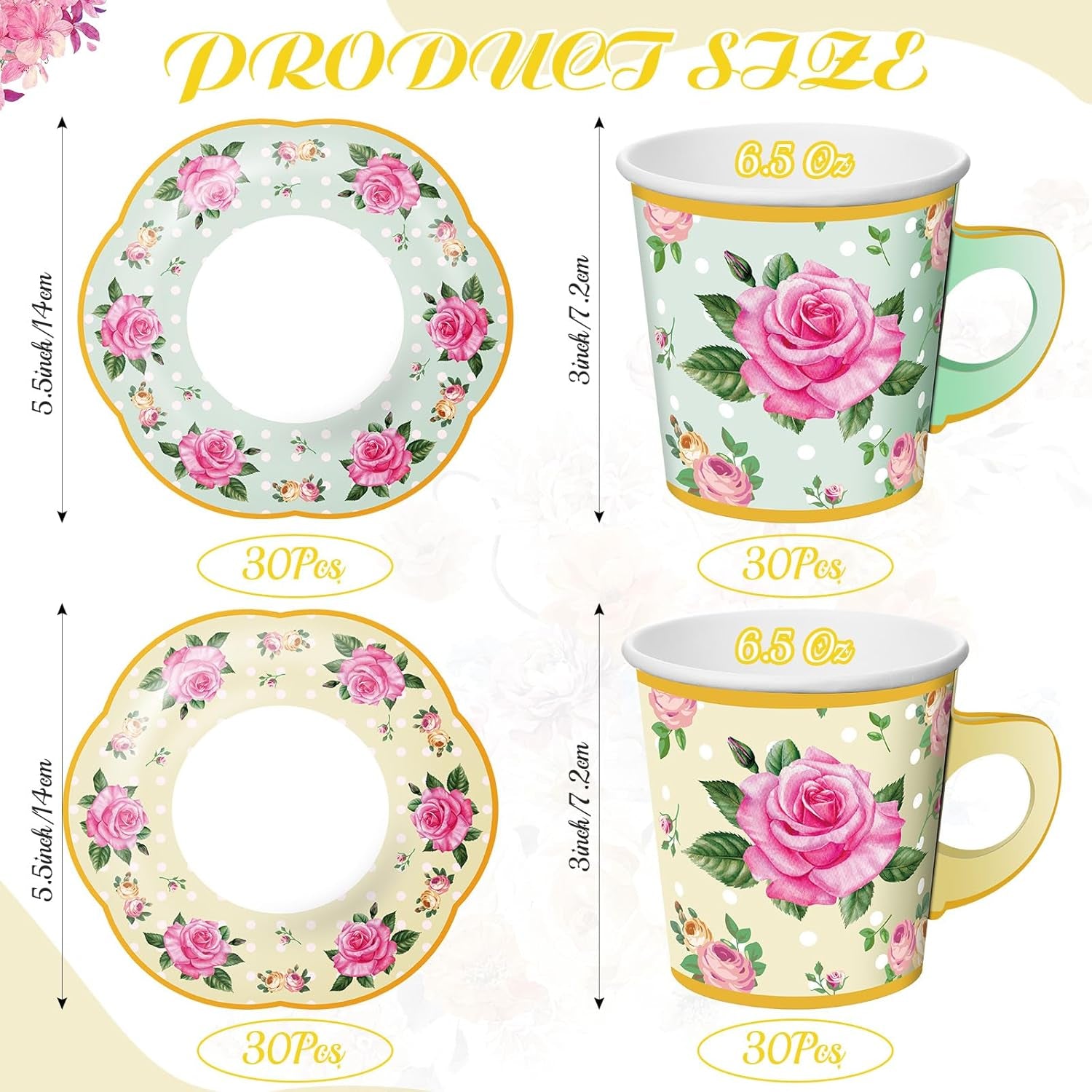 60 Sets of Floral Tea Party Decorations - Disposable Paper Tea Cups with Handles and Plates for Hot and Cold Beverages, Ideal for Birthdays (Yellow, Green, 6.5 Oz)
