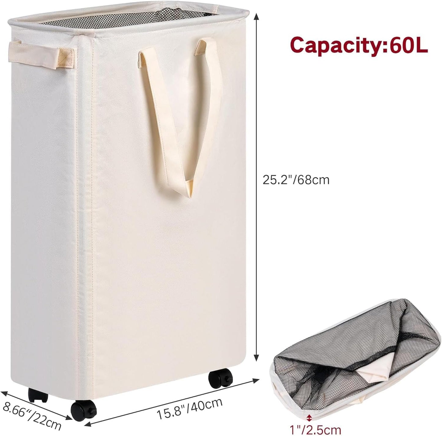 Slim Laundry Hamper with Wheels, Rolling Laundry Basket for Clothes, Small Laundry Basket for Bedroom, Dorm and Laundry Room, 60L (12.7 Gallons) Beige