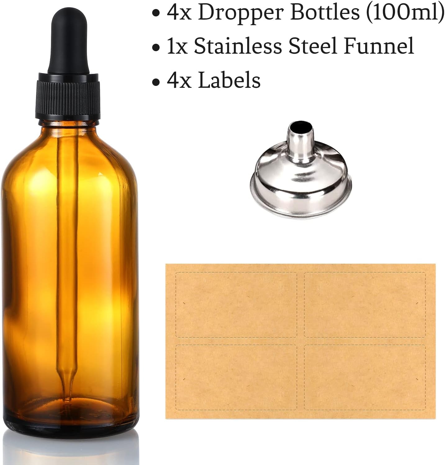 4 Pack, 100Ml Dropper Bottles with 1 Funnel & 4 Labels - Essential Oils Bottles for Health, Personal Care & Beauty - 3.4Oz Thick Dark Amber Glass Tincture Bottle with Eye Droppers, Leakproof