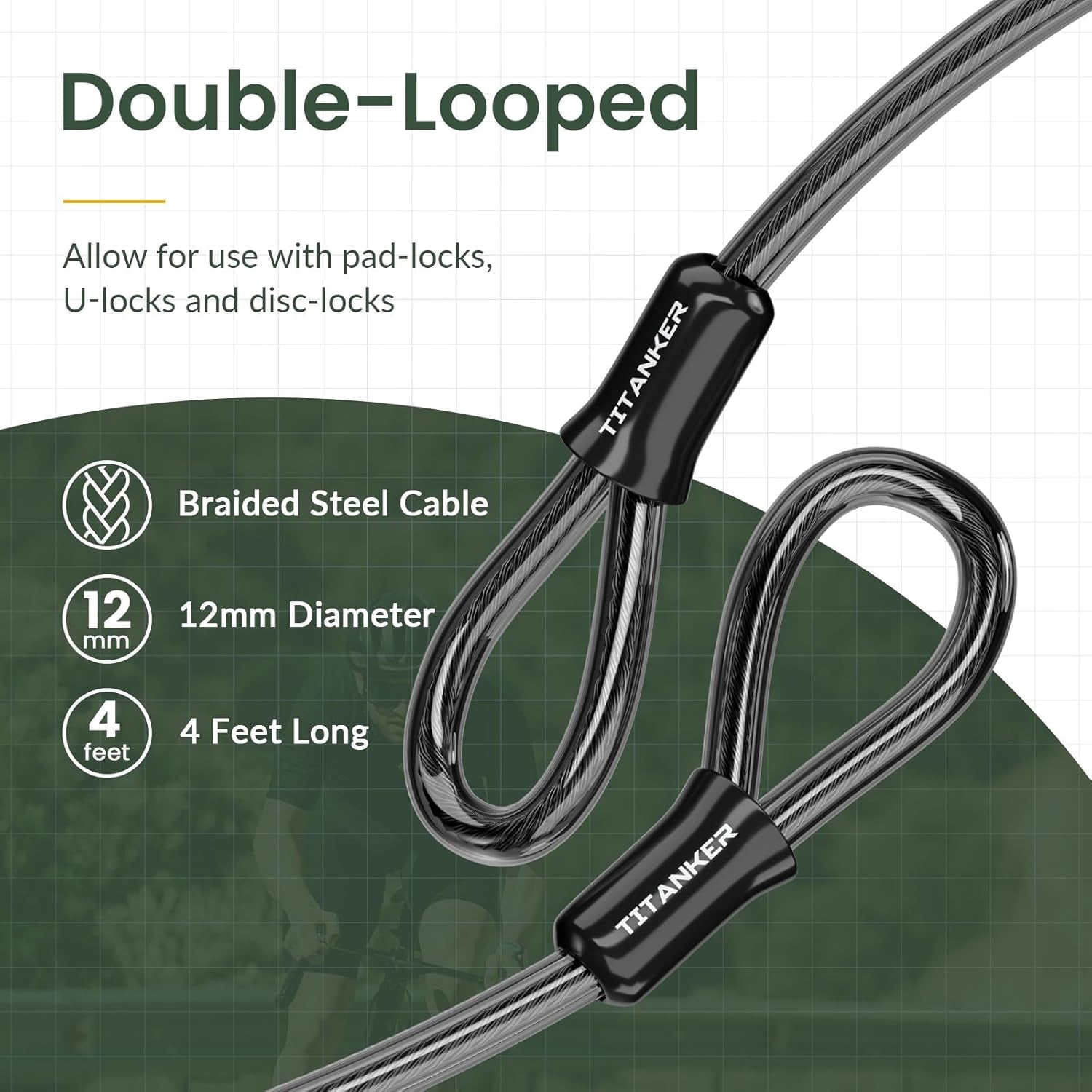 Bike Lock Cable,12Mm Thick Security Cable with Loops Heavy Duty Steel Cable Vinyl Coated Bike Cable Lock Security Chain (4Ft, 7Ft, 15Ft, 30Ft)