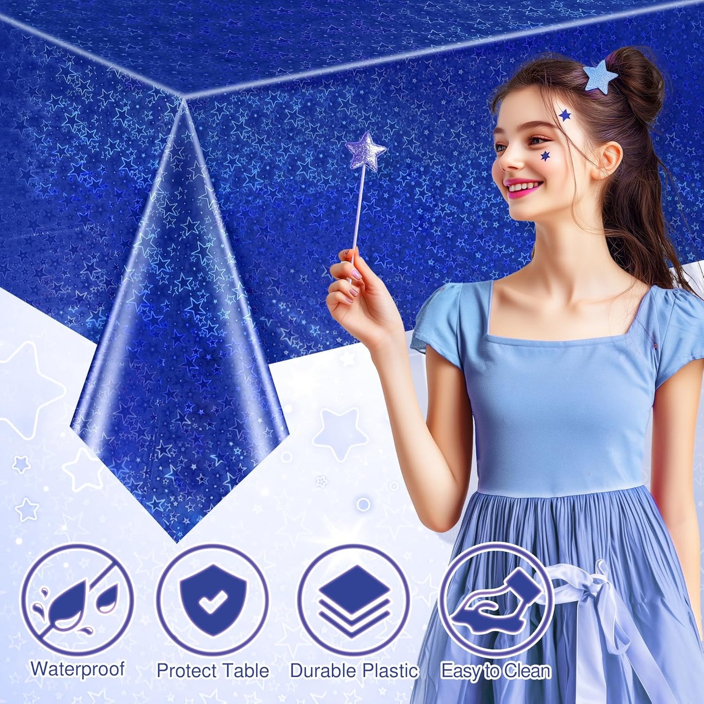 Set of 2 Royal Blue Holographic Laser Tablecloths with Sparkling Star Design, 54 x 72 Disposable Shiny Table Covers for Birthday Parties, Weddings, Anniversaries, and Bachelorette Celebrations