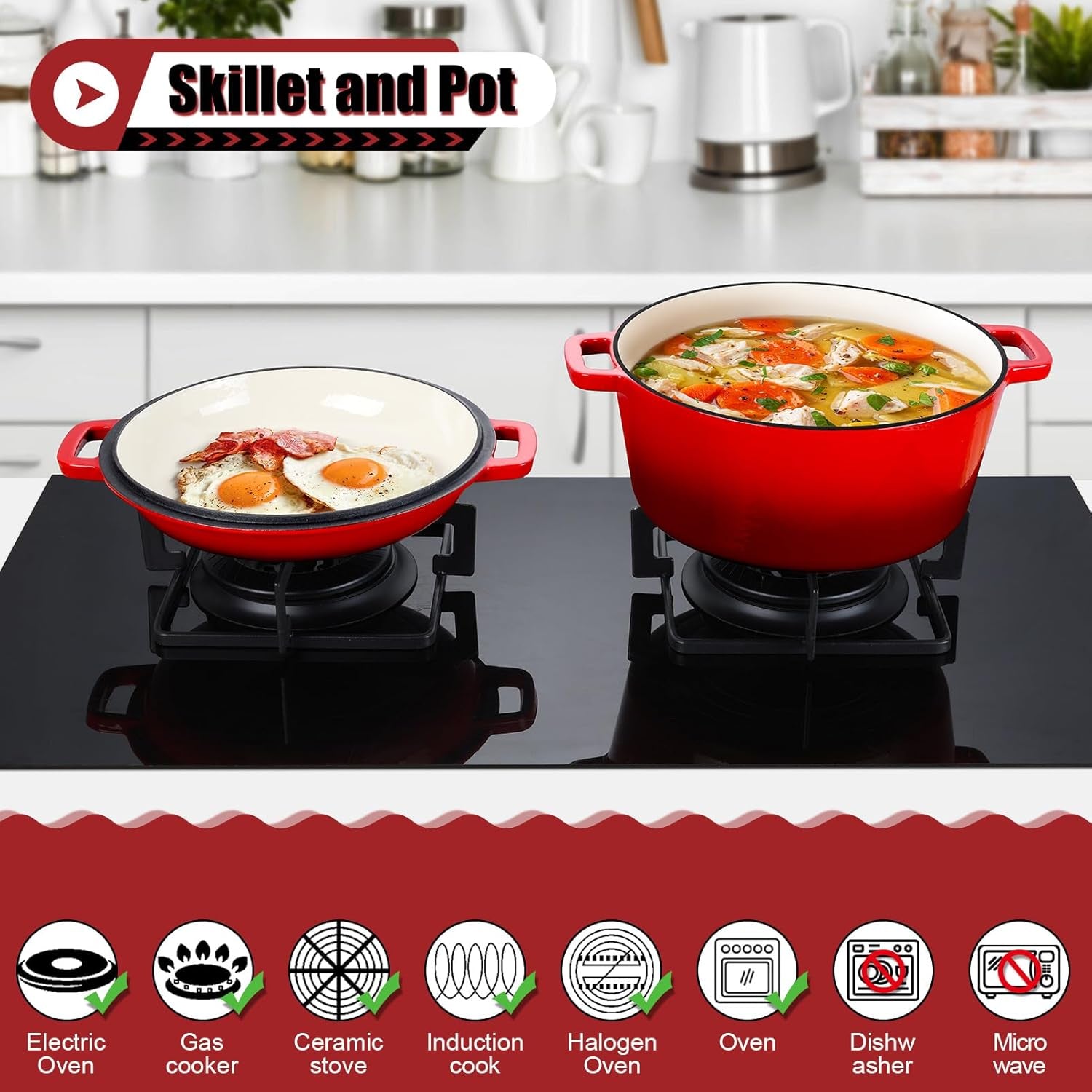 5Qt Dutch Oven Pot for Bread Baking (Red), 2 in 1 round Cast Iron Dutch Oven with Lid Set, Skillet & Pot for Roasting Braising Stewing Frying Simmering, Multi Stoves & Oven Safe