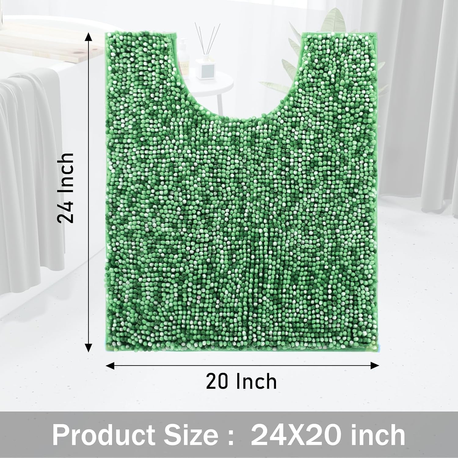Luxury Chenille U-Shaped Toilet Rug, Super Soft Shaggy Contour Bath Mat for Bathroom Floor, Fluffy, Water Absorbent, Non Slip, Machine Washable, Dry Quickly, 24''X 20'', Light Green & Green