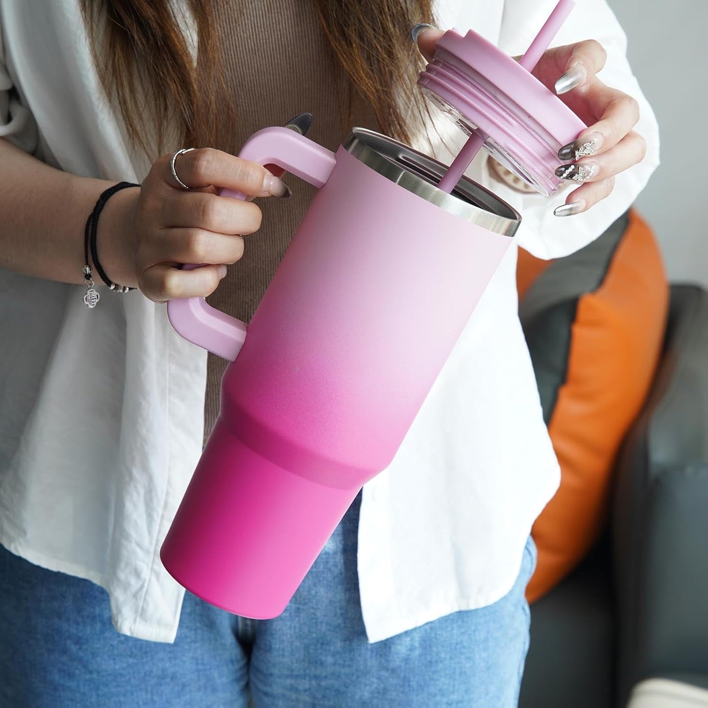 30 Oz Tumbler with Handle and 2 Straws,2 in 1 Lid Insulated Water Bottle Stainless Steel Travel Coffee Mug,Day Night