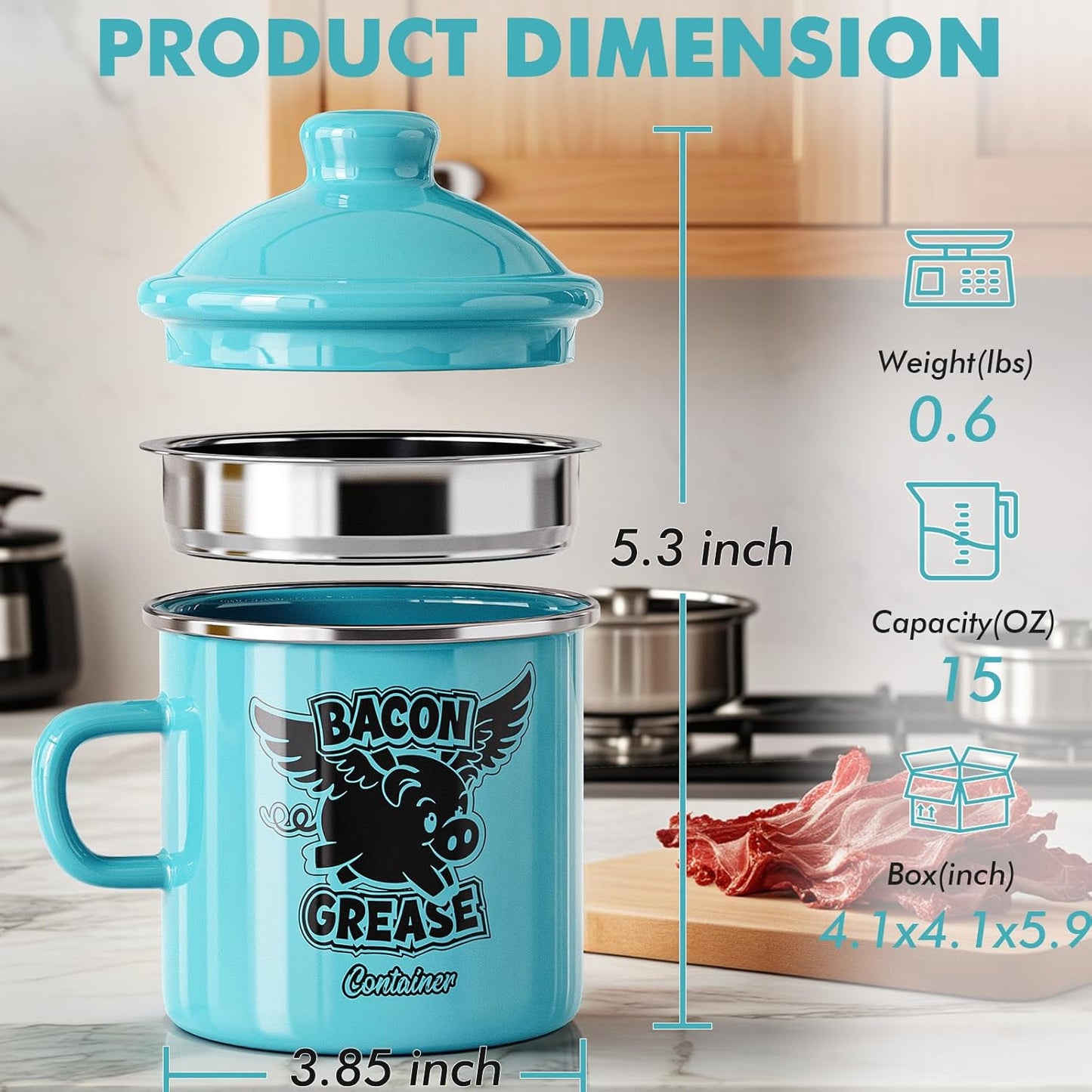 Mini Bacon Grease Container with Strainer - 15OZ Farmhouse Enamel Grease Saver, Fat Storage for Kitchen, Dishwasher Safe-Light Blue