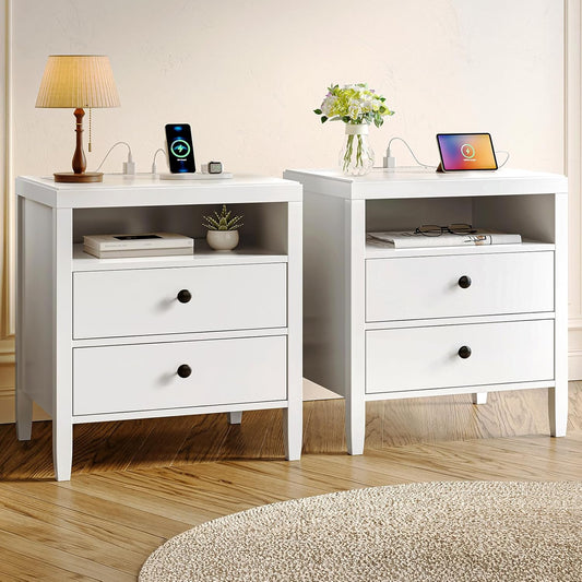 Set of 2 White Nightstands with Charging Station, Modern Bedside Tables featuring 2 Drawers and Metal Knobs, Ideal for Bedroom Use