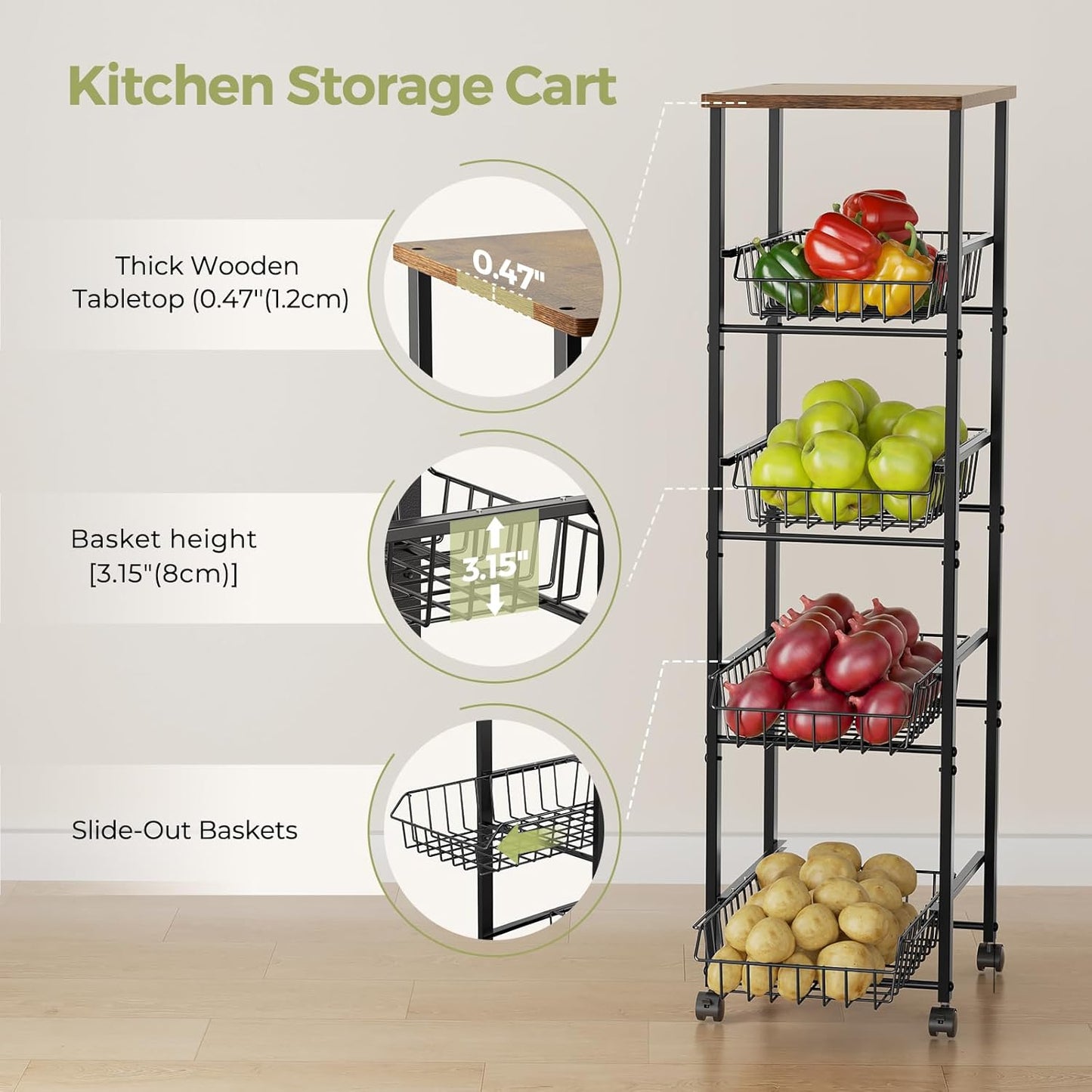 Fruit Vegetable Basket for Kitchen,5 Tier Kitchen Organizer and Storage Cart with Wheels,Slide-Out Baskets and Wood Top,Pantry Storage Cart W11-4/5*D16-7/16*H42-7/16