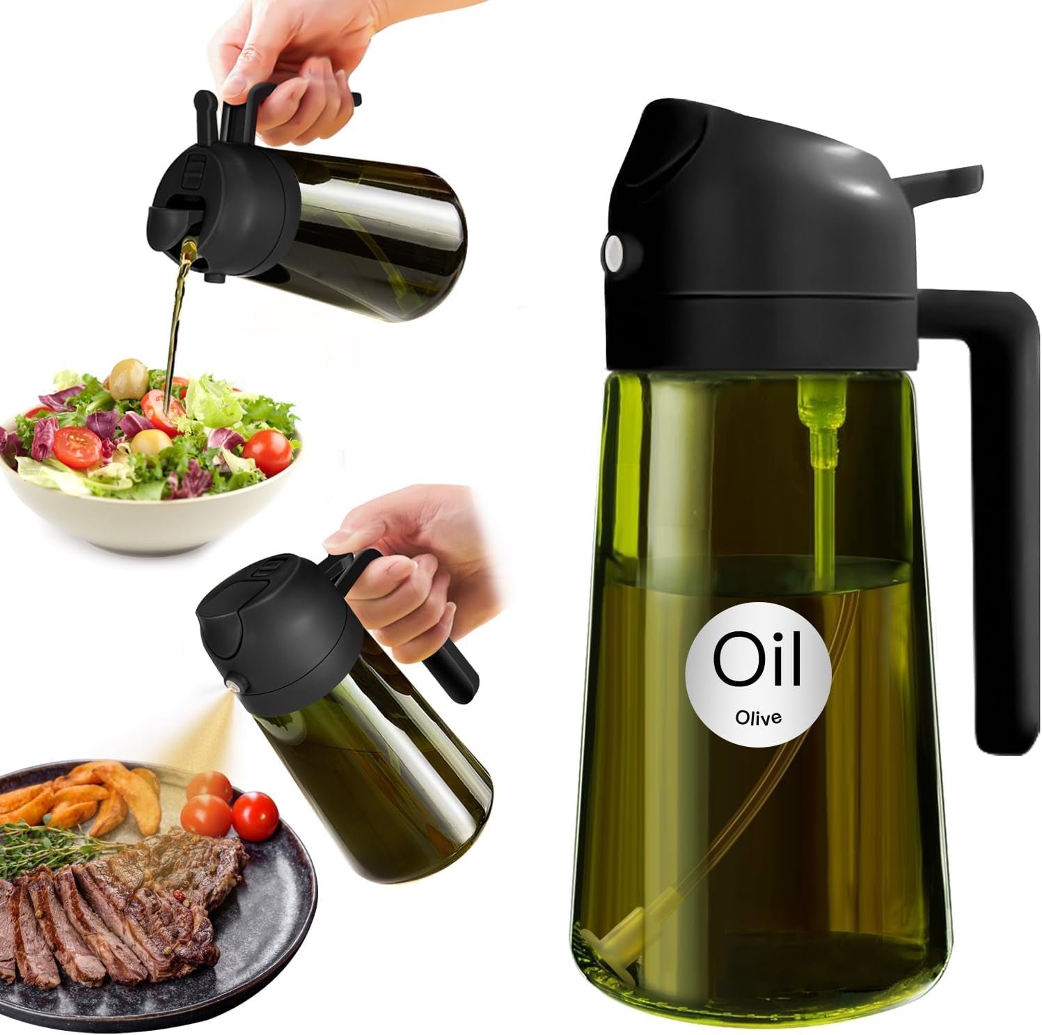 16Oz/470Ml Light-Blocking Dark Oil Sprayer for Cooking, 2 in 1 Olive Oil Dispenser Bottle for Kitchen, Premium Dark Green Glass Oil Bottle, Food-Grade Oil Mister for Air Fryer, BBQ (Black)