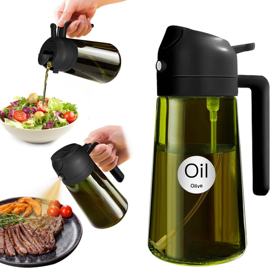 16Oz/470Ml Light-Blocking Dark Oil Sprayer for Cooking, 2 in 1 Olive Oil Dispenser Bottle for Kitchen, Premium Dark Green Glass Oil Bottle, Food-Grade Oil Mister for Air Fryer, BBQ (Black)