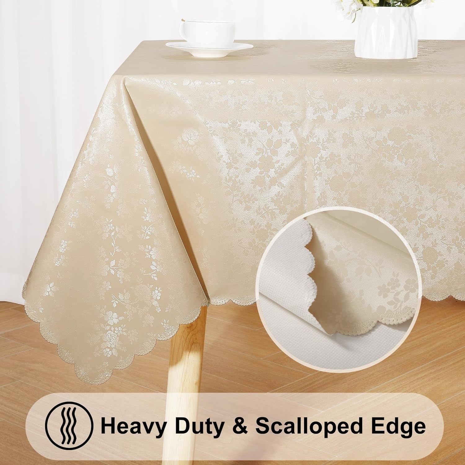 Heavy-Duty Waterproof Vinyl Rectangle Tablecloth, Washable and Wipeable Kitchen and Dining Cover (Beige, 60" x 84")