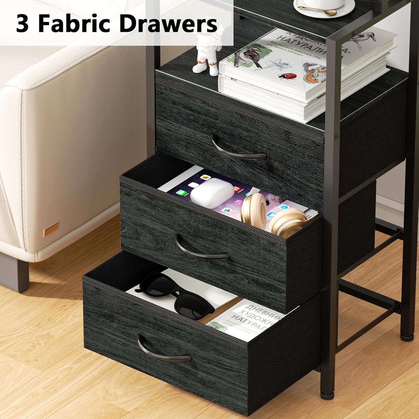 Tall Nightstand with 4-Tier Shelves, 3 Fabric Drawers, LED Charging Station, Black Oak Bedside Table for Bedroom, Hallway, and Home Office